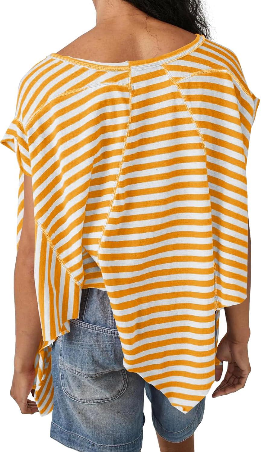 imageTankaneo Womens Oversized Striped Tshirts Irregular Hem Batwing Short Sleeve Tops Summer Casual Round Neck Tee ShirtsYellow