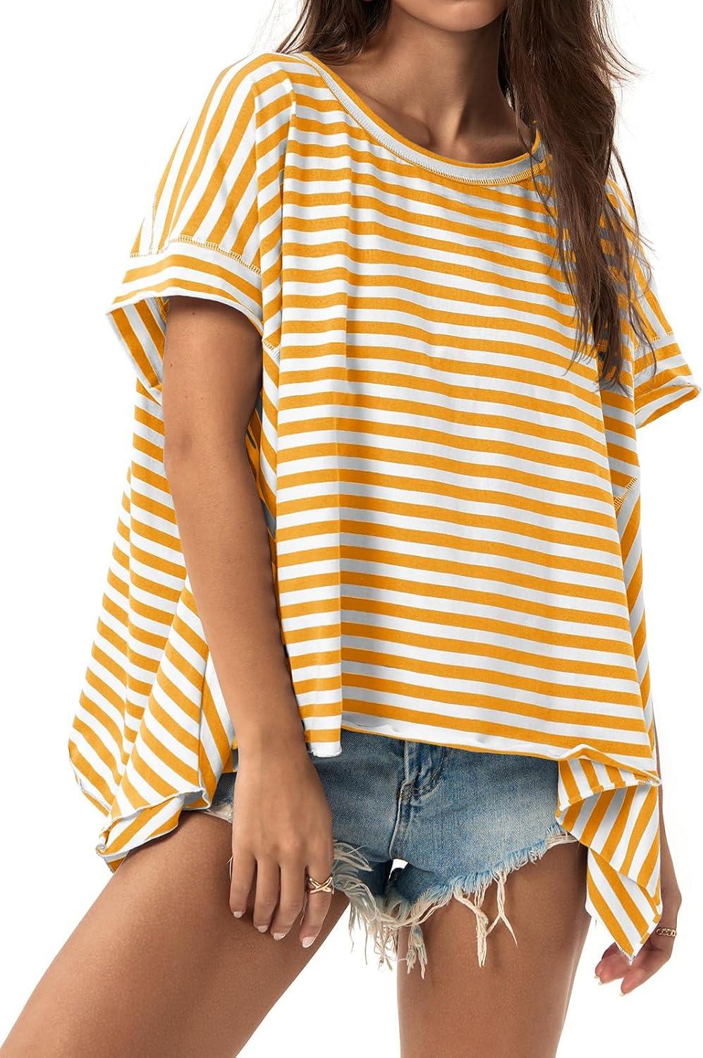 imageTankaneo Womens Oversized Striped Tshirts Irregular Hem Batwing Short Sleeve Tops Summer Casual Round Neck Tee ShirtsYellow