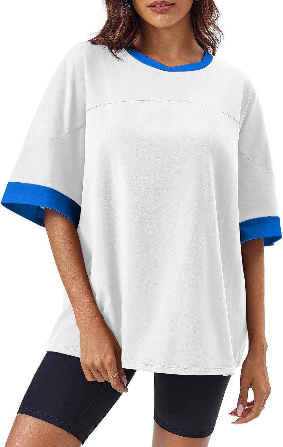 imageTankaneo Womens Oversized T Shirts Casual Summer Short Sleeve Color Block Loose Fit Tunic TopsWhite