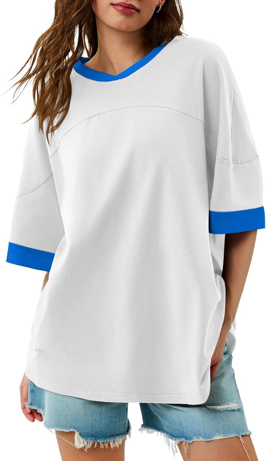 imageTankaneo Womens Oversized T Shirts Casual Summer Short Sleeve Color Block Loose Fit Tunic TopsWhite