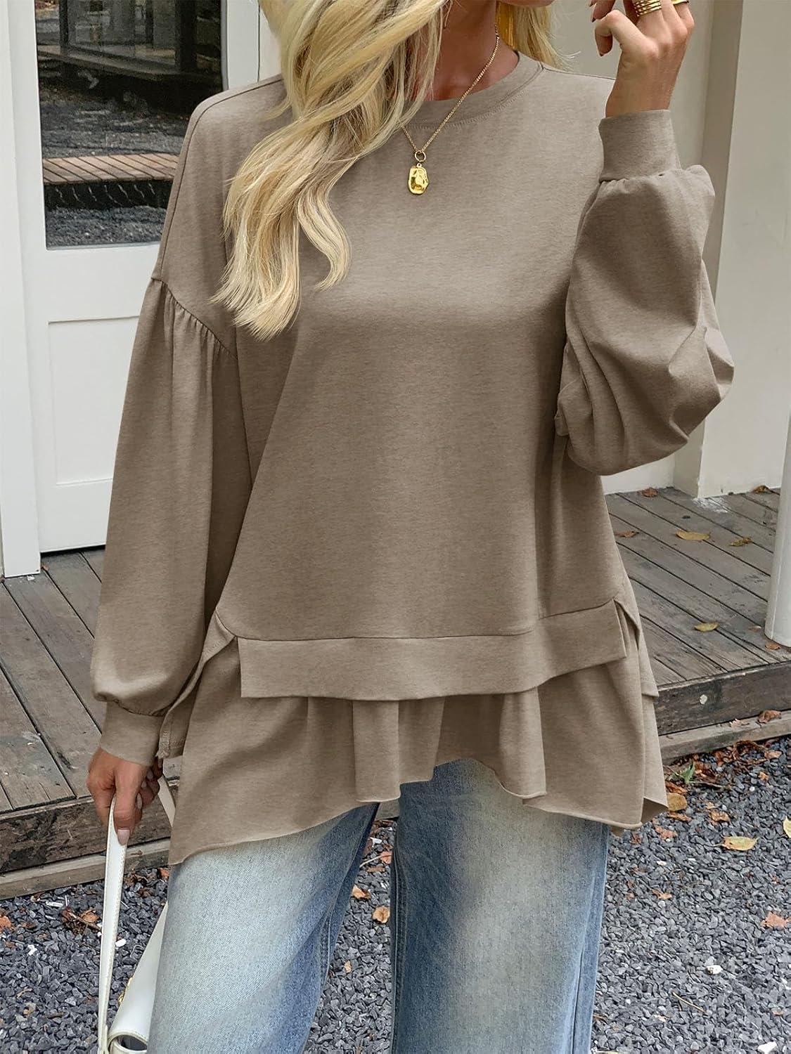 imageTankaneo Womens Oversized Tops Peplum Puff Long Sleeve Shirts Trendy Casual Loose Fit Crew Neck Tunic ShirtsDark Khaki