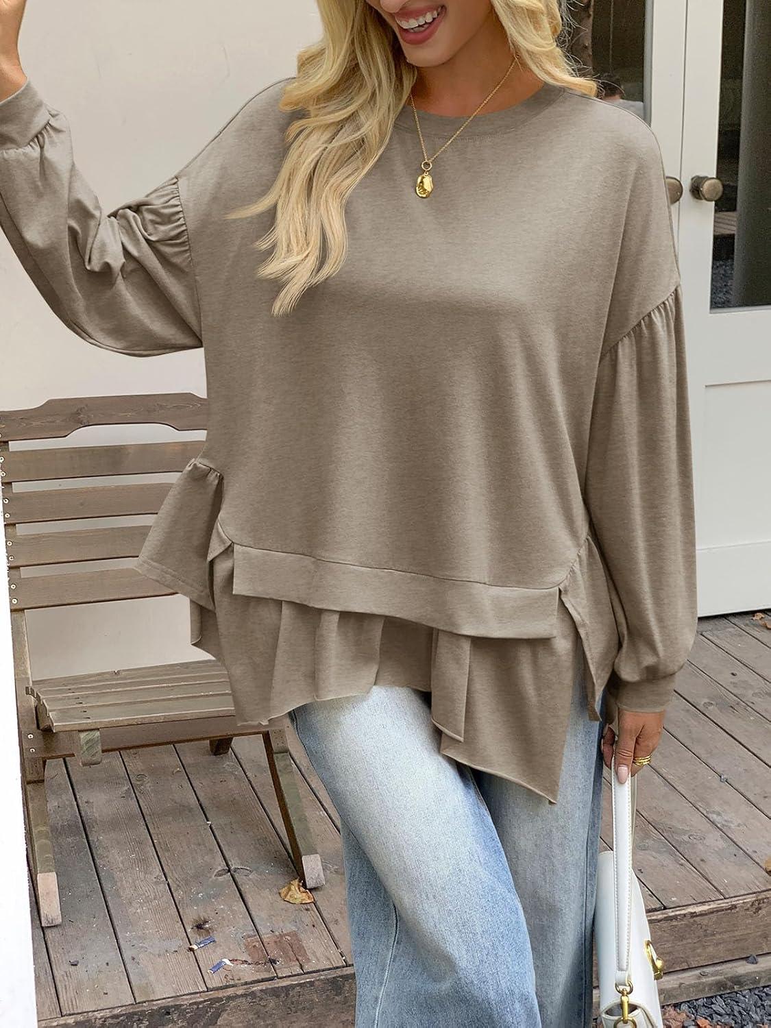 imageTankaneo Womens Oversized Tops Peplum Puff Long Sleeve Shirts Trendy Casual Loose Fit Crew Neck Tunic ShirtsDark Khaki