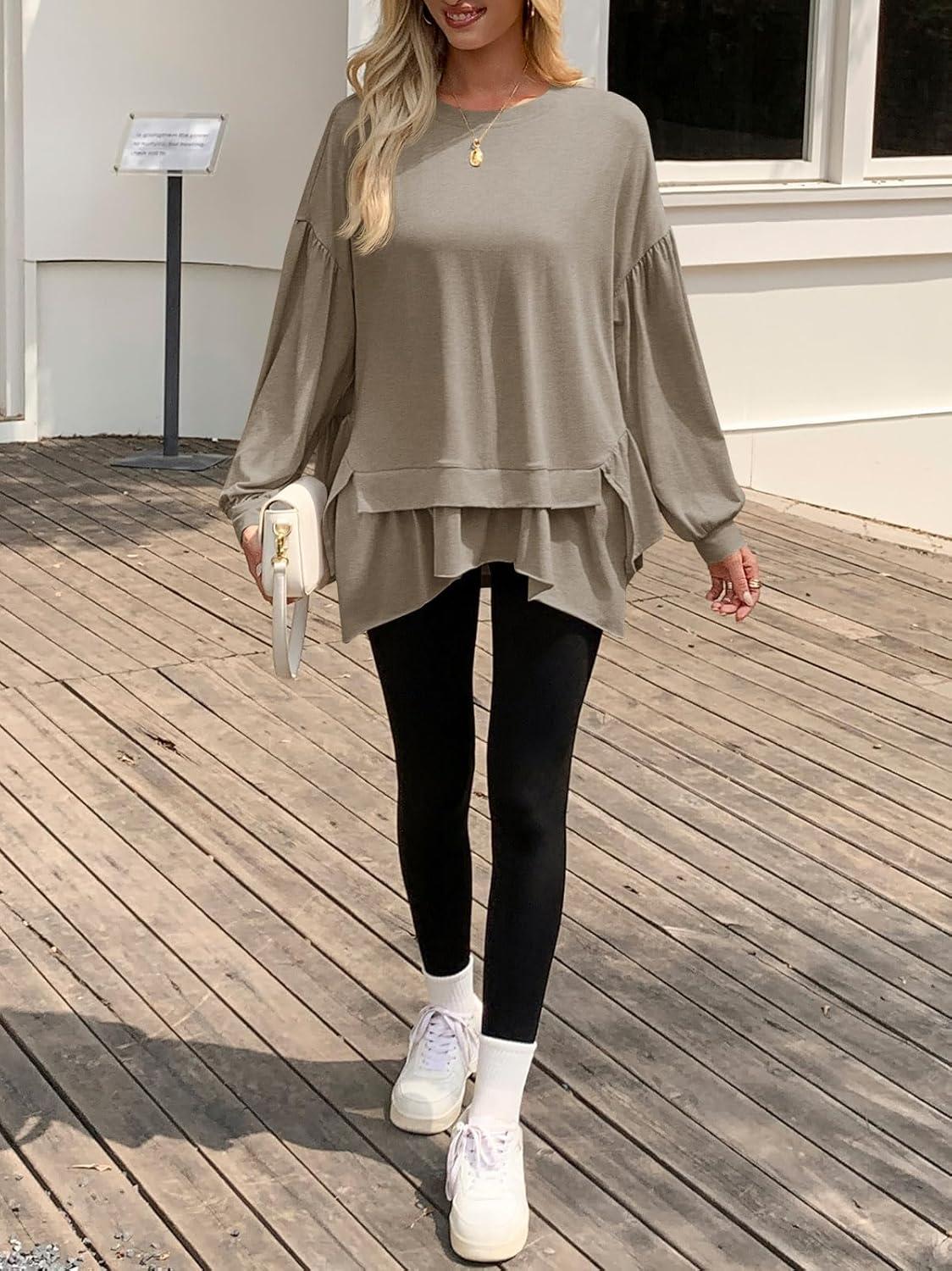 imageTankaneo Womens Oversized Tops Peplum Puff Long Sleeve Shirts Trendy Casual Loose Fit Crew Neck Tunic ShirtsDark Khaki
