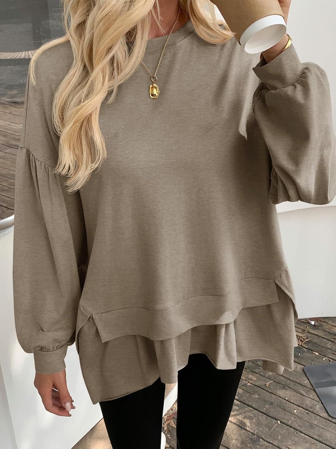 imageTankaneo Womens Oversized Tops Peplum Puff Long Sleeve Shirts Trendy Casual Loose Fit Crew Neck Tunic ShirtsDark Khaki