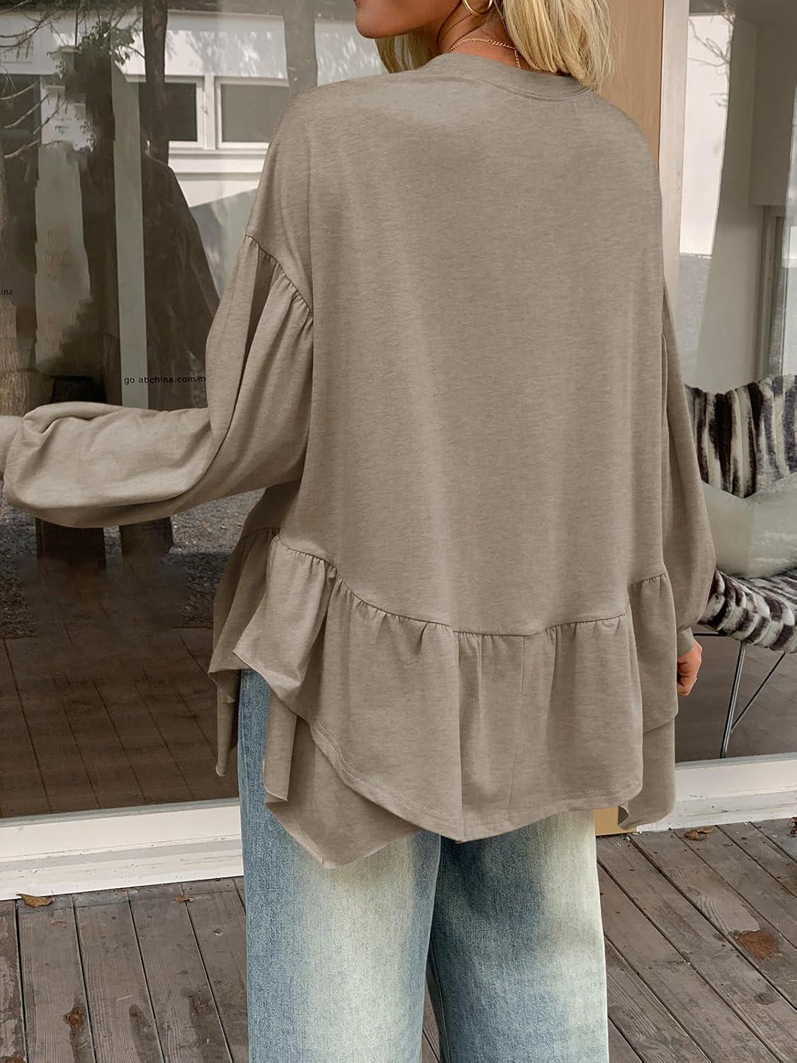 imageTankaneo Womens Oversized Tops Peplum Puff Long Sleeve Shirts Trendy Casual Loose Fit Crew Neck Tunic ShirtsDark Khaki