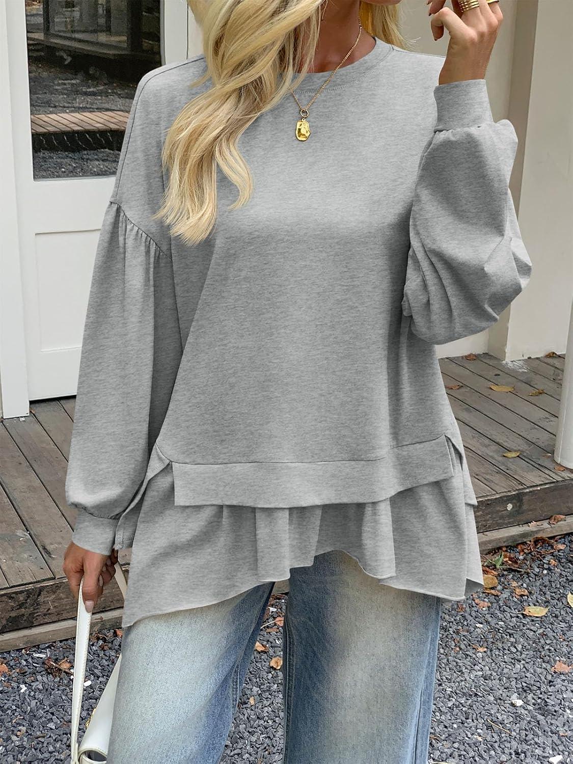 imageTankaneo Womens Oversized Tops Peplum Puff Long Sleeve Shirts Trendy Casual Loose Fit Crew Neck Tunic ShirtsLight Grey
