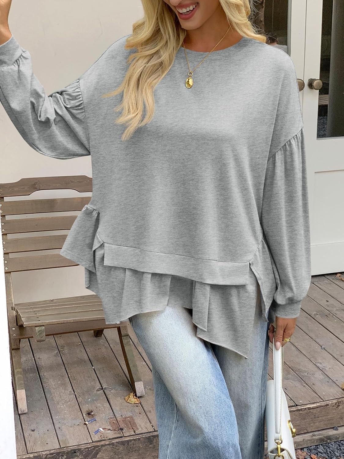 imageTankaneo Womens Oversized Tops Peplum Puff Long Sleeve Shirts Trendy Casual Loose Fit Crew Neck Tunic ShirtsLight Grey