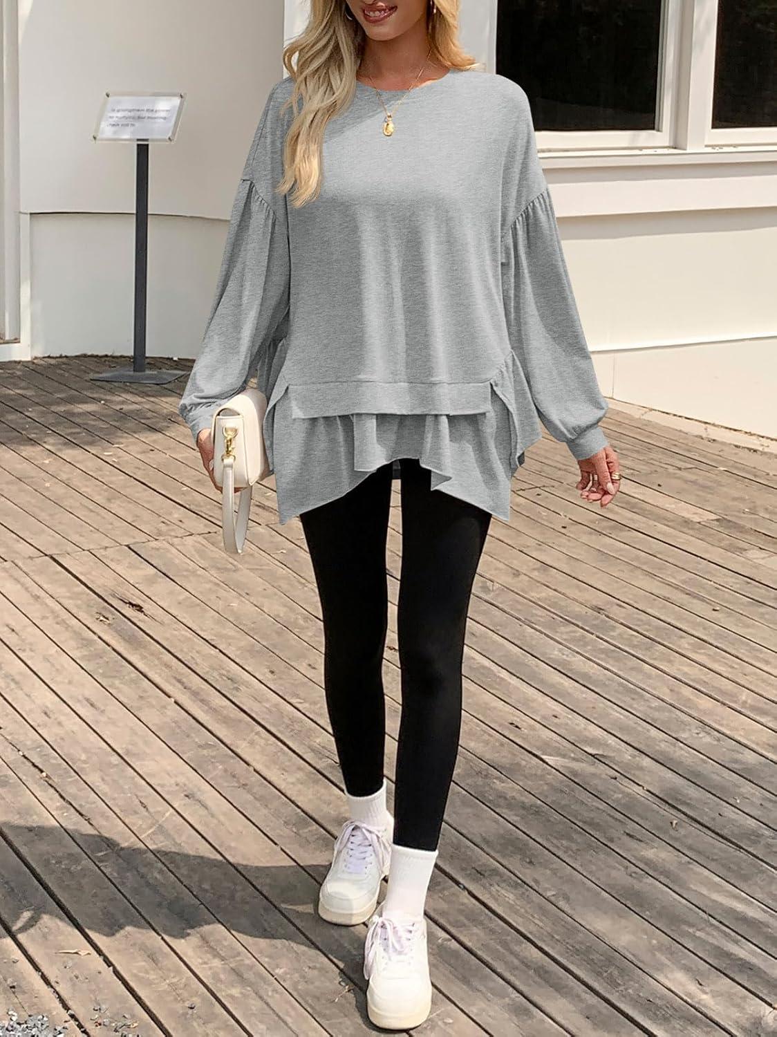 imageTankaneo Womens Oversized Tops Peplum Puff Long Sleeve Shirts Trendy Casual Loose Fit Crew Neck Tunic ShirtsLight Grey