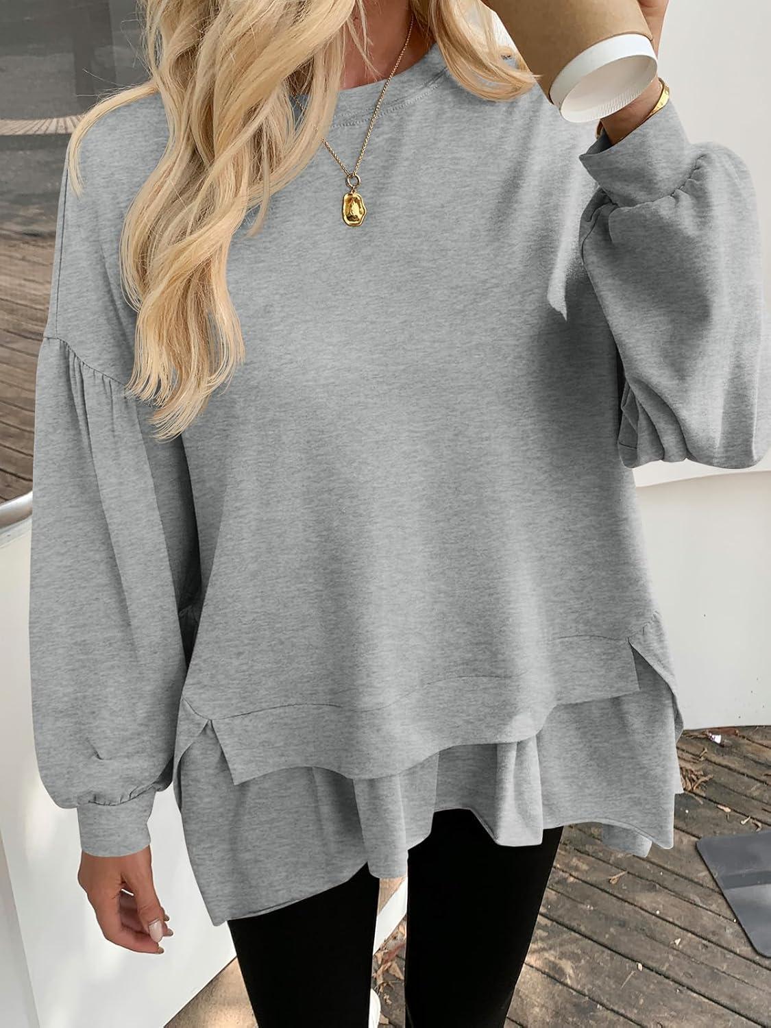 imageTankaneo Womens Oversized Tops Peplum Puff Long Sleeve Shirts Trendy Casual Loose Fit Crew Neck Tunic ShirtsLight Grey