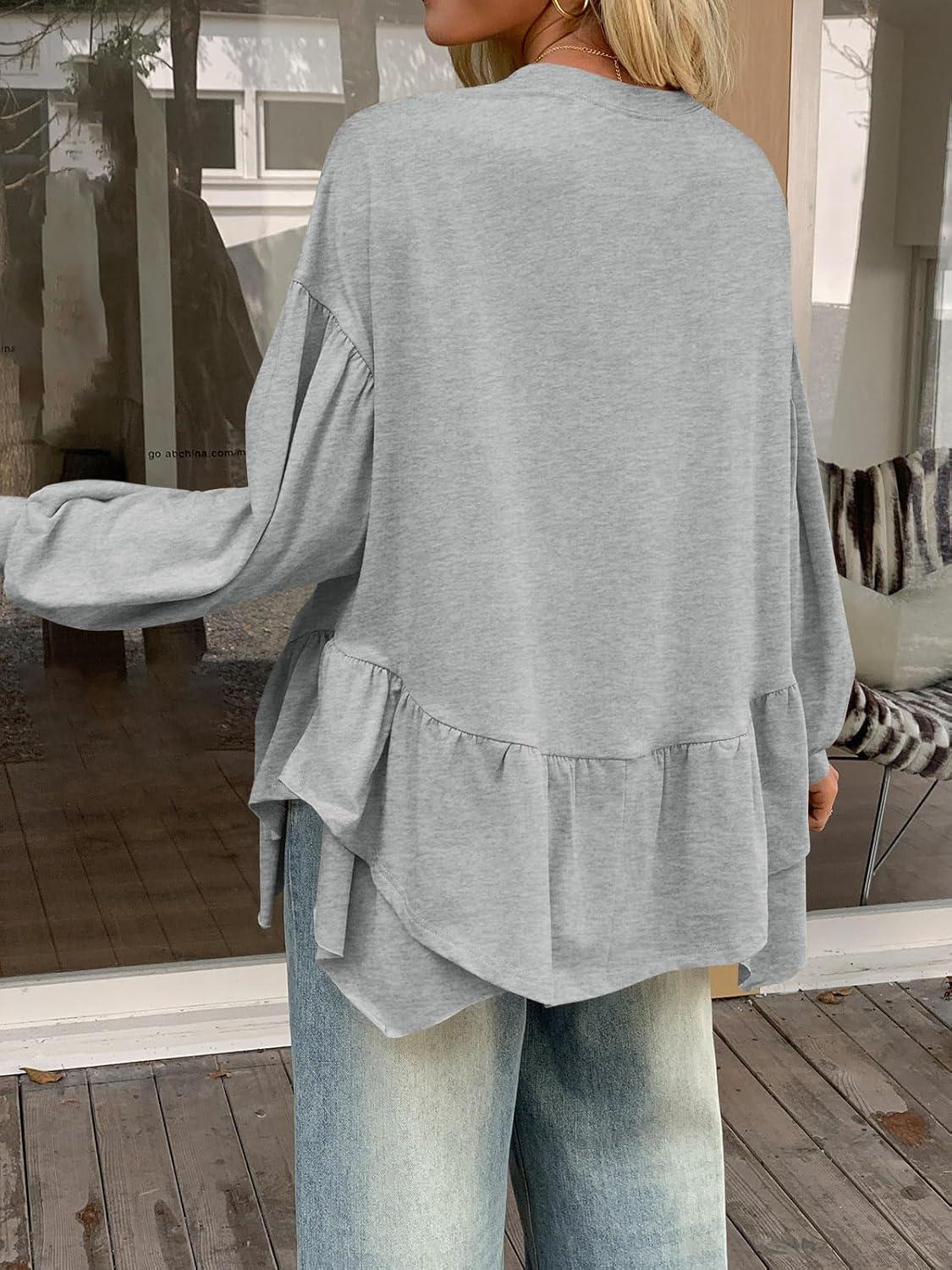 imageTankaneo Womens Oversized Tops Peplum Puff Long Sleeve Shirts Trendy Casual Loose Fit Crew Neck Tunic ShirtsLight Grey