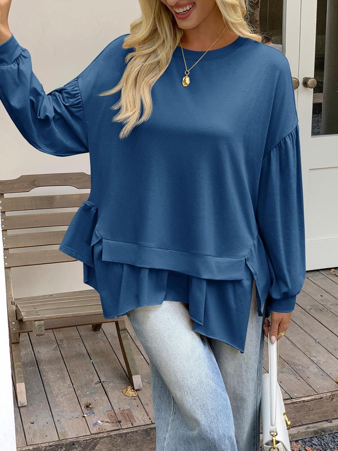 imageTankaneo Womens Oversized Tops Peplum Puff Long Sleeve Shirts Trendy Casual Loose Fit Crew Neck Tunic ShirtsNavy