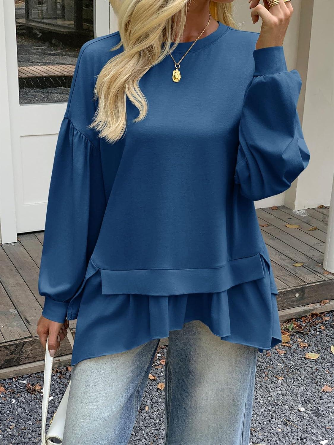 imageTankaneo Womens Oversized Tops Peplum Puff Long Sleeve Shirts Trendy Casual Loose Fit Crew Neck Tunic ShirtsNavy