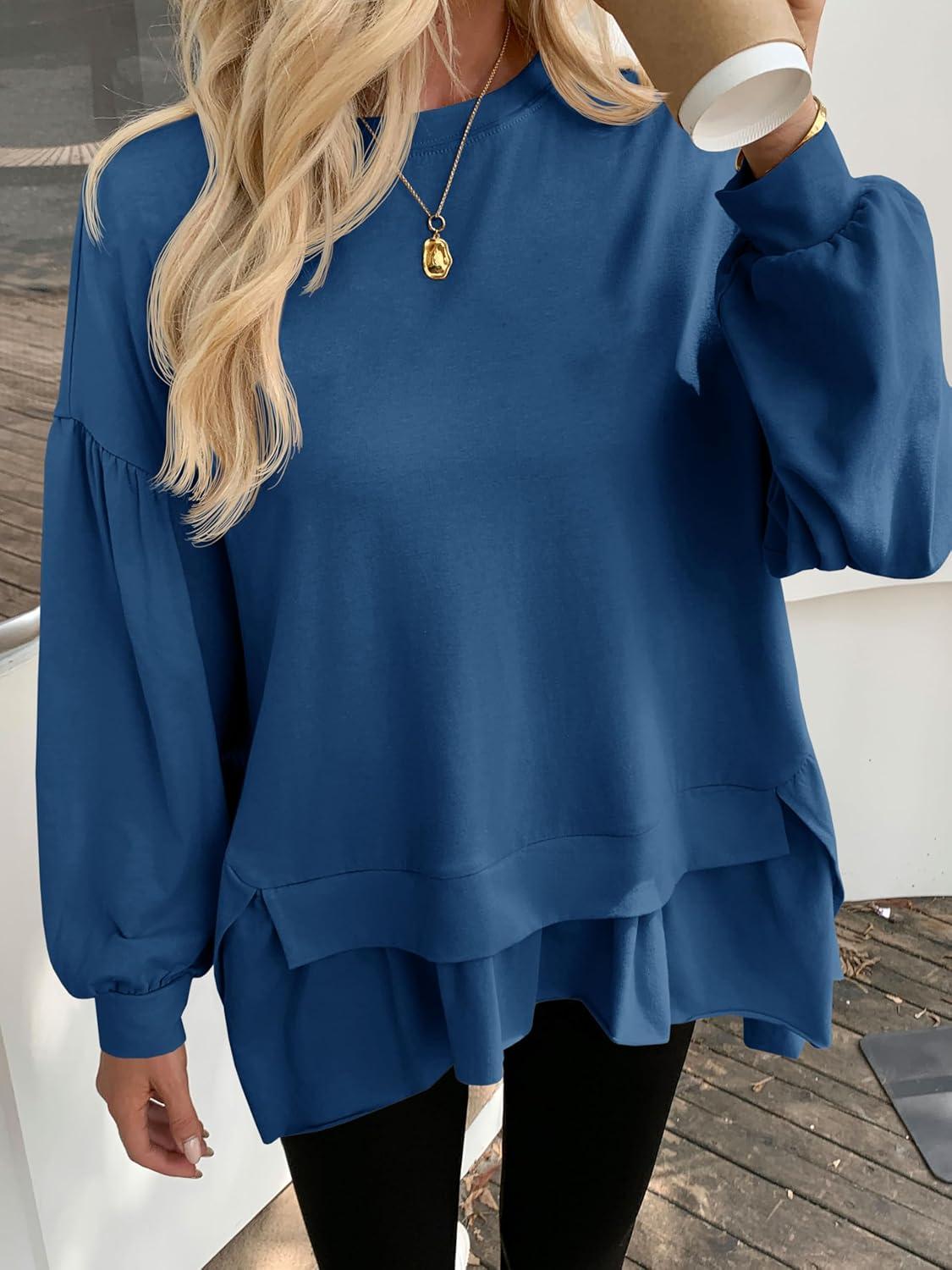 imageTankaneo Womens Oversized Tops Peplum Puff Long Sleeve Shirts Trendy Casual Loose Fit Crew Neck Tunic ShirtsNavy