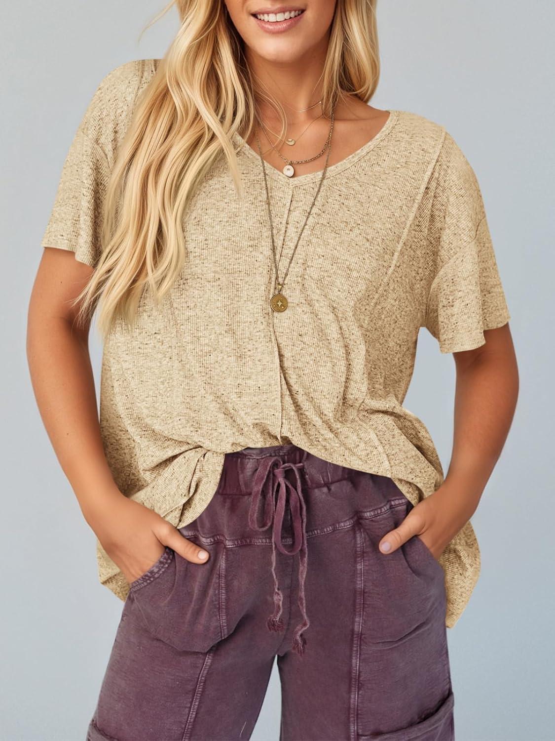 imageTankaneo Womens Oversized Tshirts Knit V Neck Short Sleeve Tunic Tops Summer Casual Loose Fit Tee ShirtsApricot