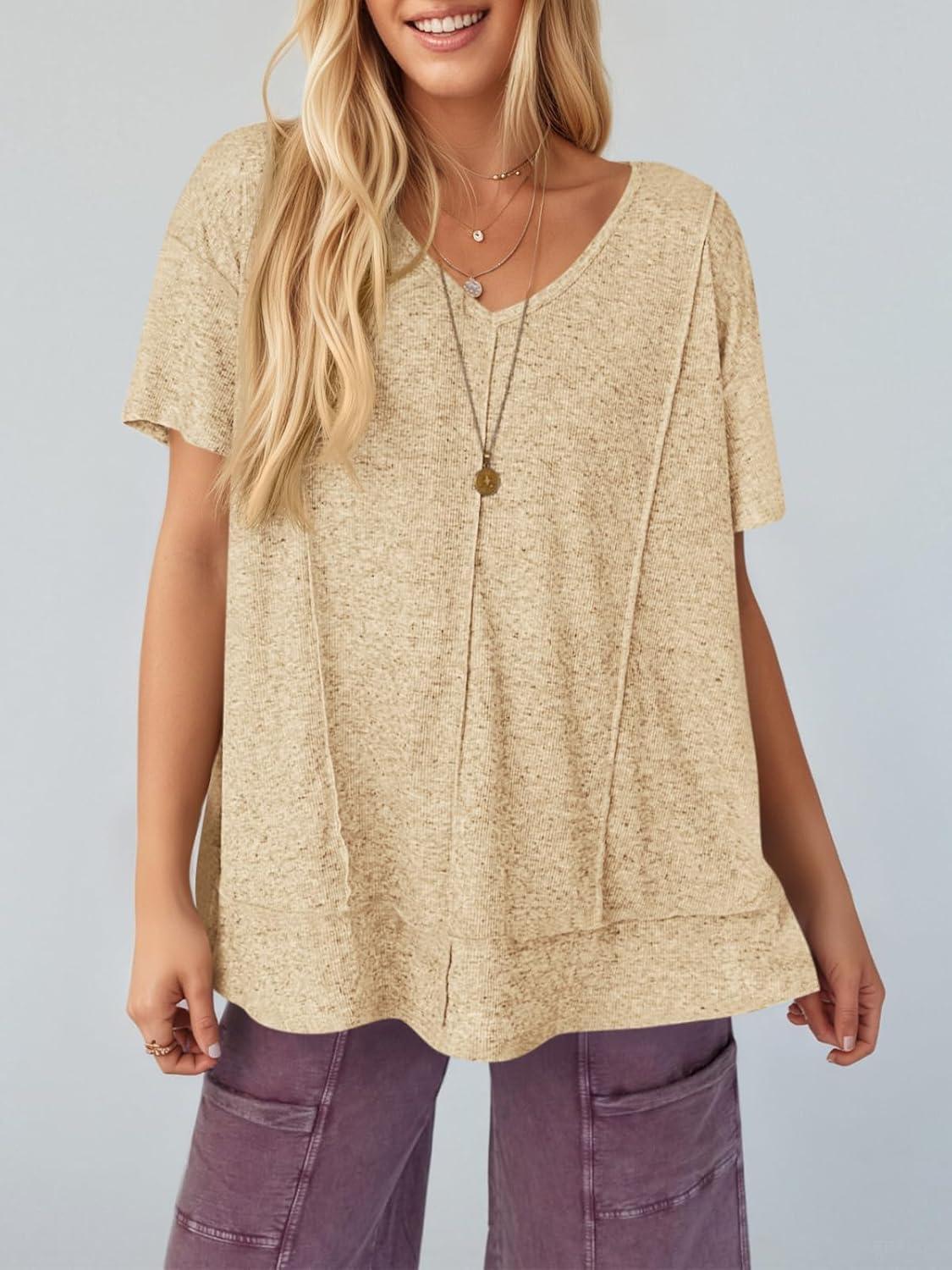 imageTankaneo Womens Oversized Tshirts Knit V Neck Short Sleeve Tunic Tops Summer Casual Loose Fit Tee ShirtsApricot