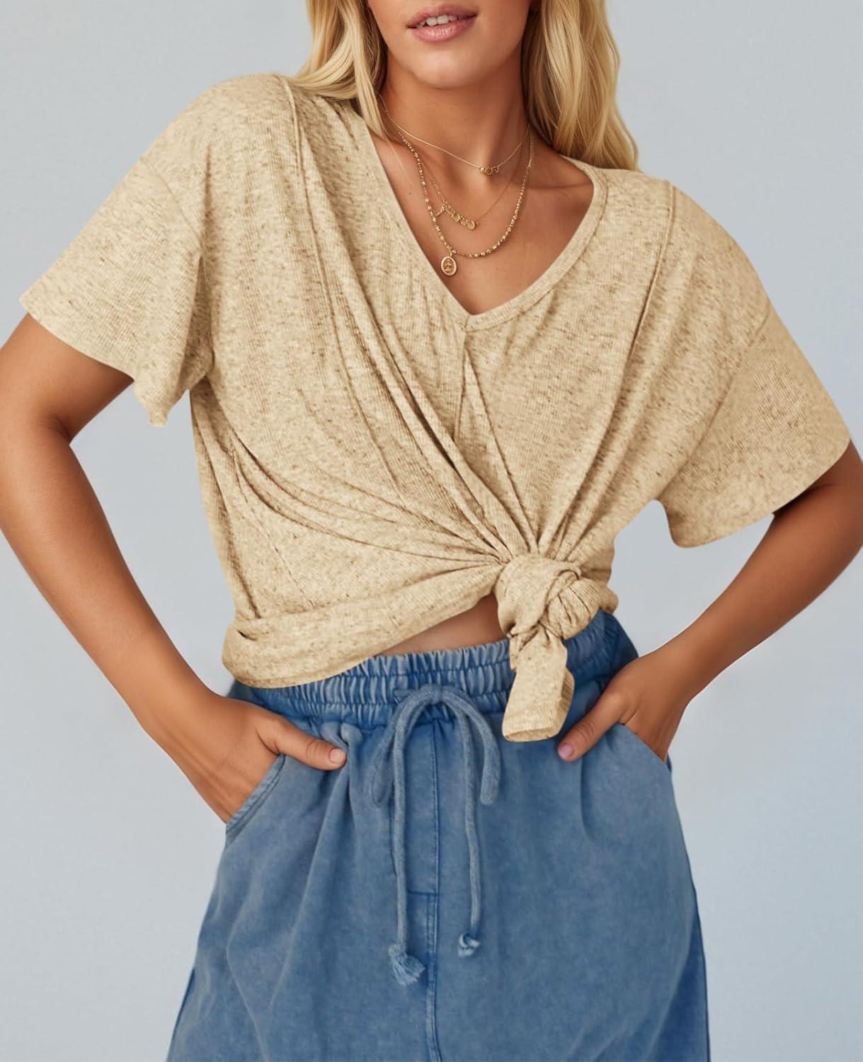 imageTankaneo Womens Oversized Tshirts Knit V Neck Short Sleeve Tunic Tops Summer Casual Loose Fit Tee ShirtsApricot