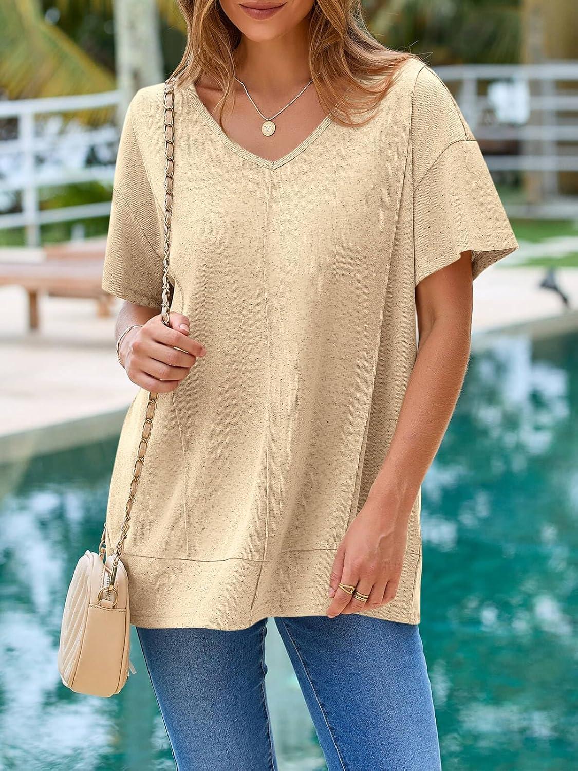 imageTankaneo Womens Oversized Tshirts Knit V Neck Short Sleeve Tunic Tops Summer Casual Loose Fit Tee ShirtsApricot