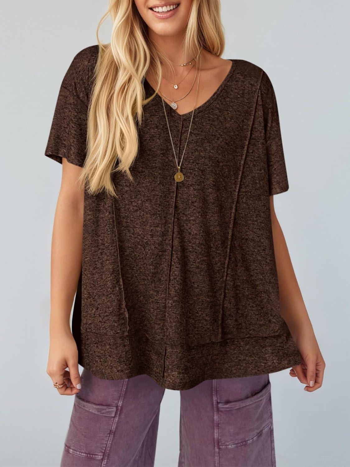 imageTankaneo Womens Oversized Tshirts Knit V Neck Short Sleeve Tunic Tops Summer Casual Loose Fit Tee ShirtsCoffee