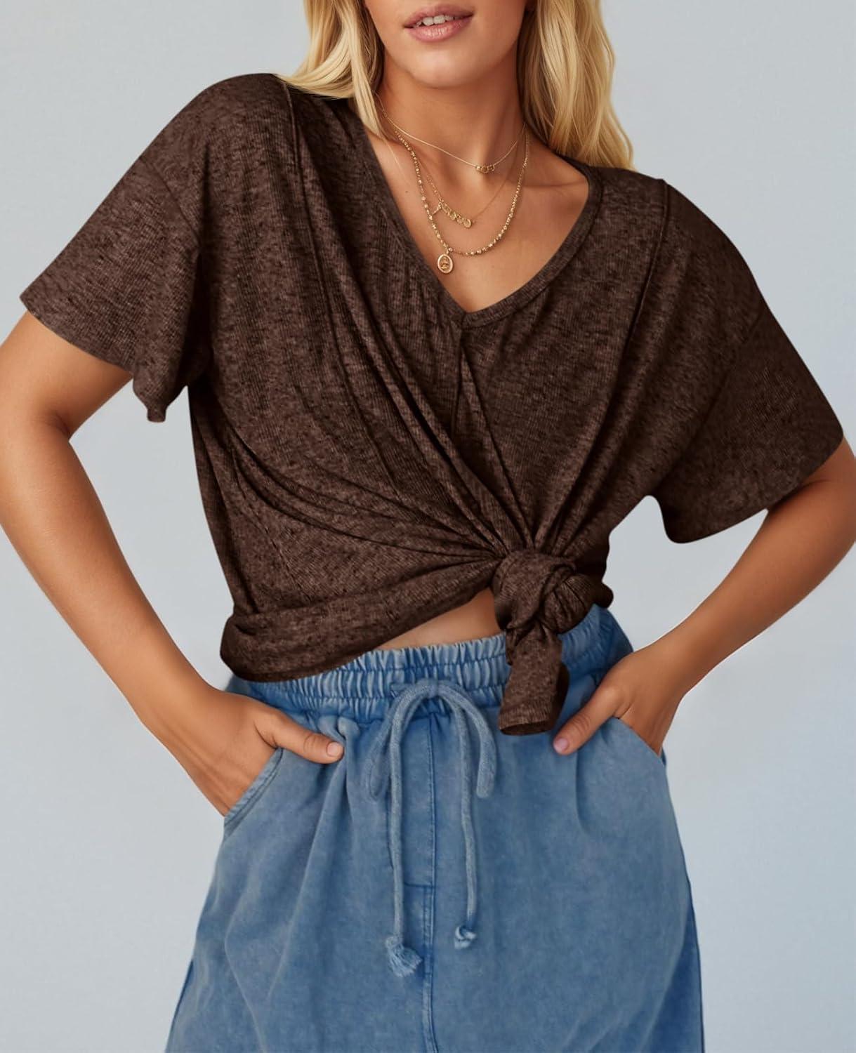 imageTankaneo Womens Oversized Tshirts Knit V Neck Short Sleeve Tunic Tops Summer Casual Loose Fit Tee ShirtsCoffee