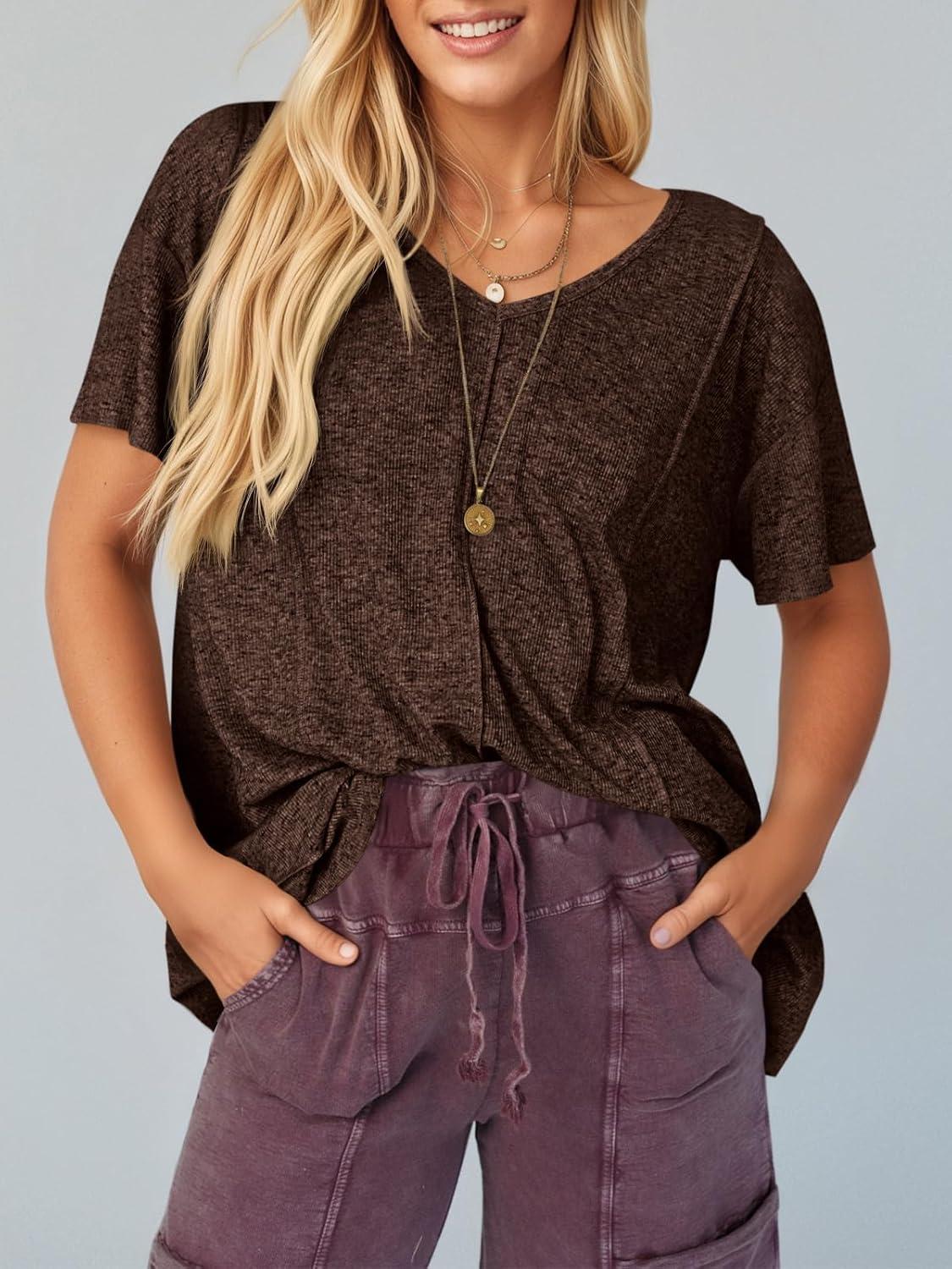 imageTankaneo Womens Oversized Tshirts Knit V Neck Short Sleeve Tunic Tops Summer Casual Loose Fit Tee ShirtsCoffee