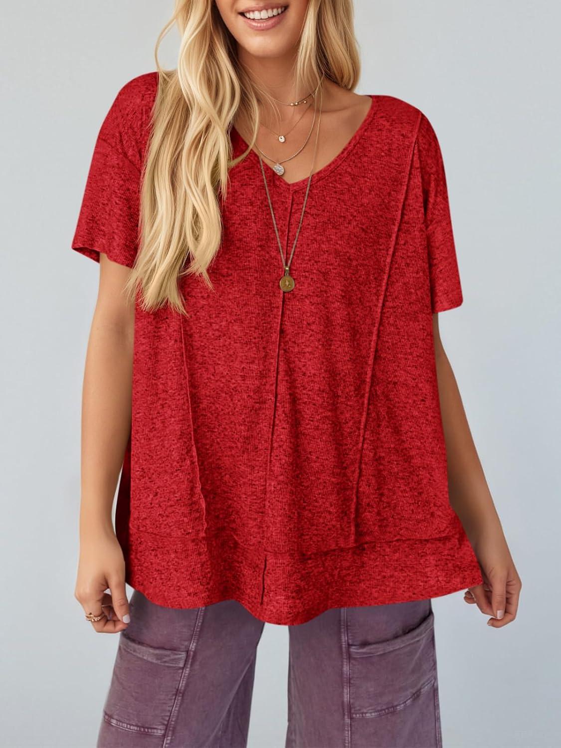 imageTankaneo Womens Oversized Tshirts Knit V Neck Short Sleeve Tunic Tops Summer Casual Loose Fit Tee ShirtsRed