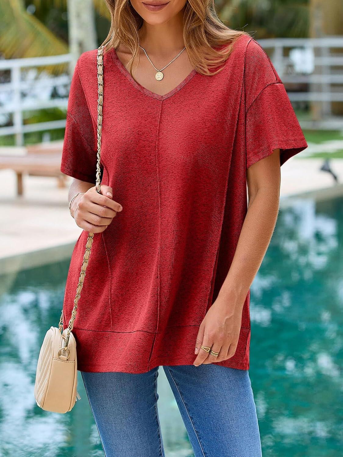 imageTankaneo Womens Oversized Tshirts Knit V Neck Short Sleeve Tunic Tops Summer Casual Loose Fit Tee ShirtsRed