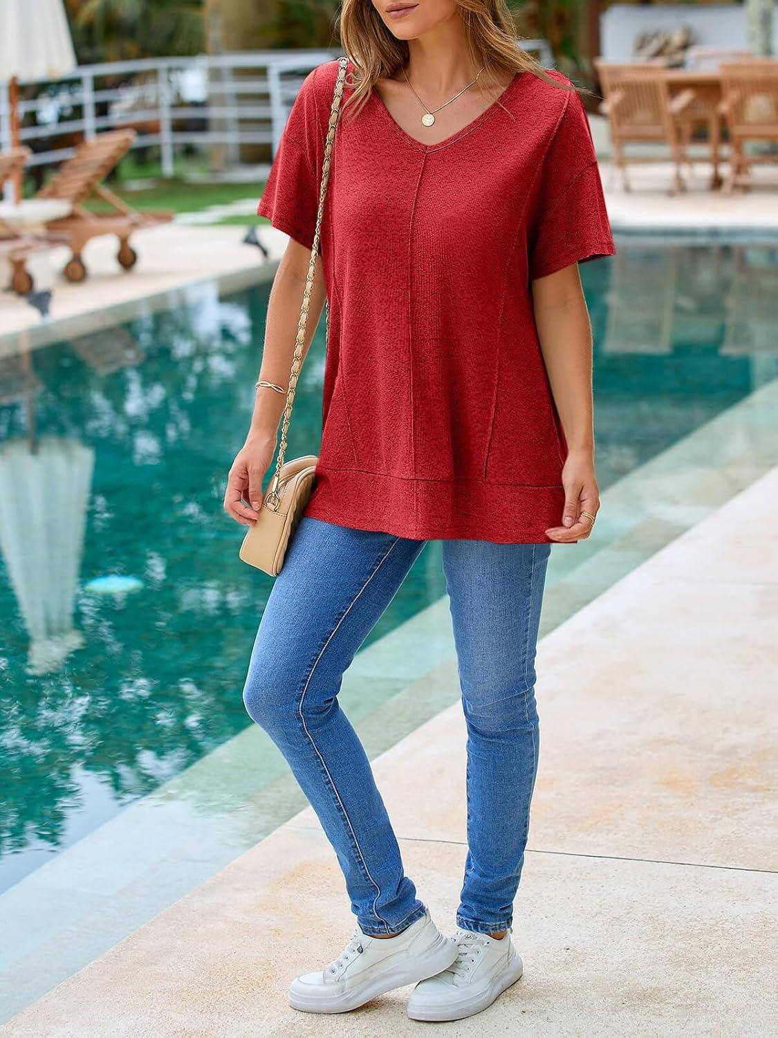 imageTankaneo Womens Oversized Tshirts Knit V Neck Short Sleeve Tunic Tops Summer Casual Loose Fit Tee ShirtsRed