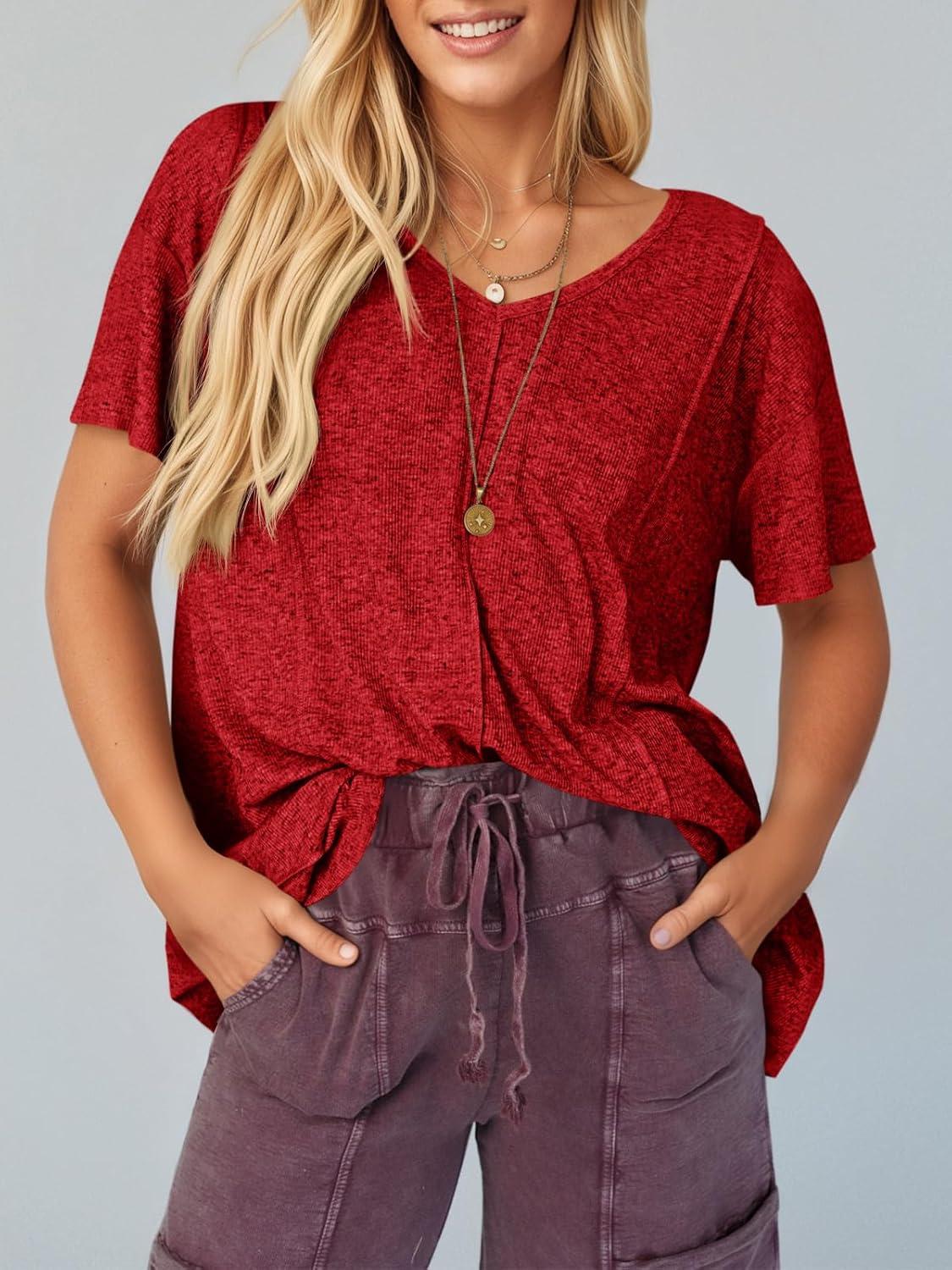 imageTankaneo Womens Oversized Tshirts Knit V Neck Short Sleeve Tunic Tops Summer Casual Loose Fit Tee ShirtsRed