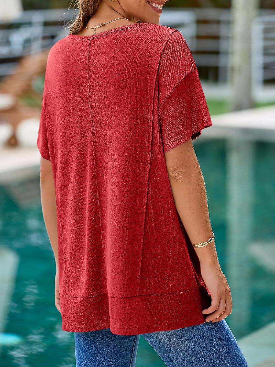 imageTankaneo Womens Oversized Tshirts Knit V Neck Short Sleeve Tunic Tops Summer Casual Loose Fit Tee ShirtsRed