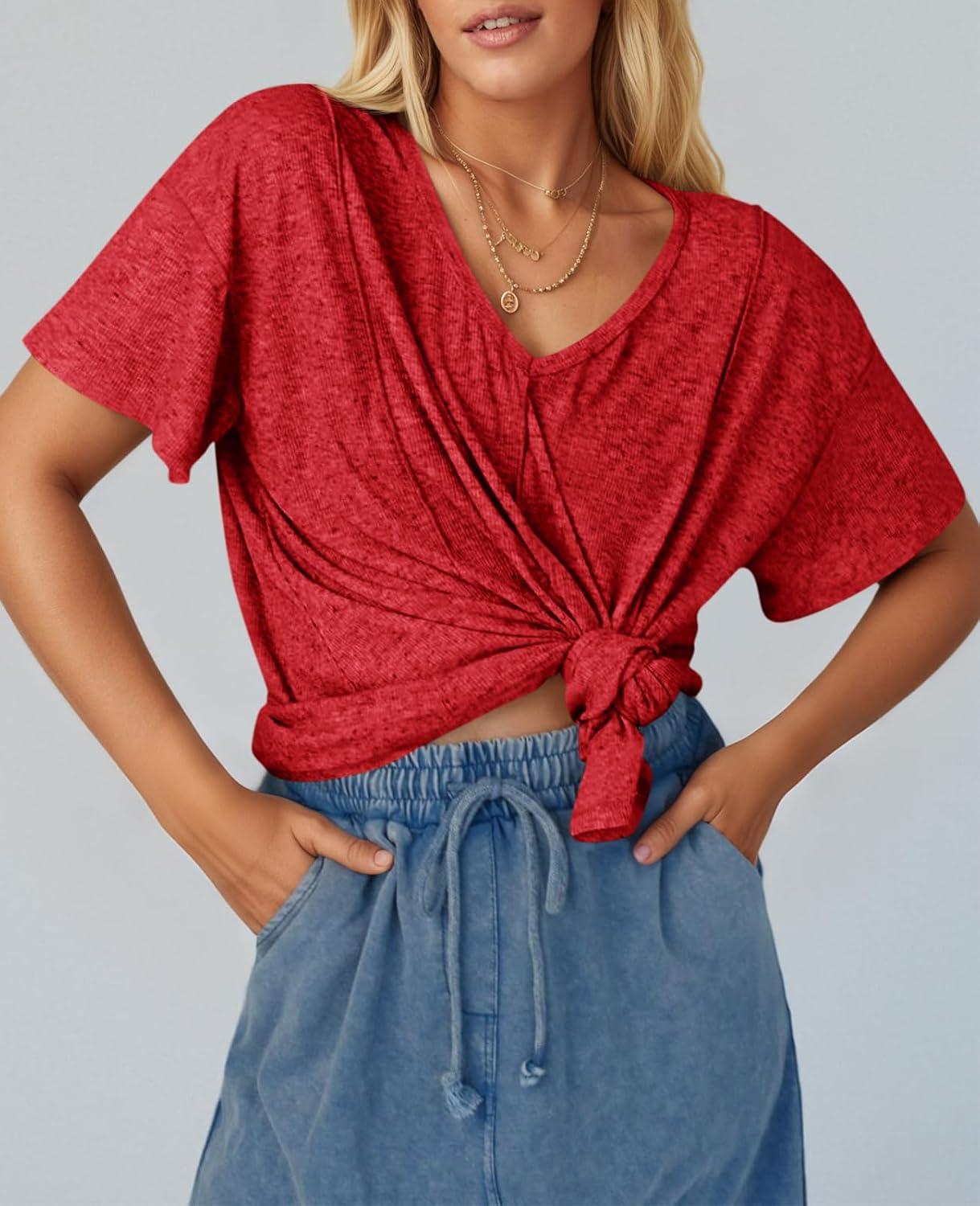 imageTankaneo Womens Oversized Tshirts Knit V Neck Short Sleeve Tunic Tops Summer Casual Loose Fit Tee ShirtsRed