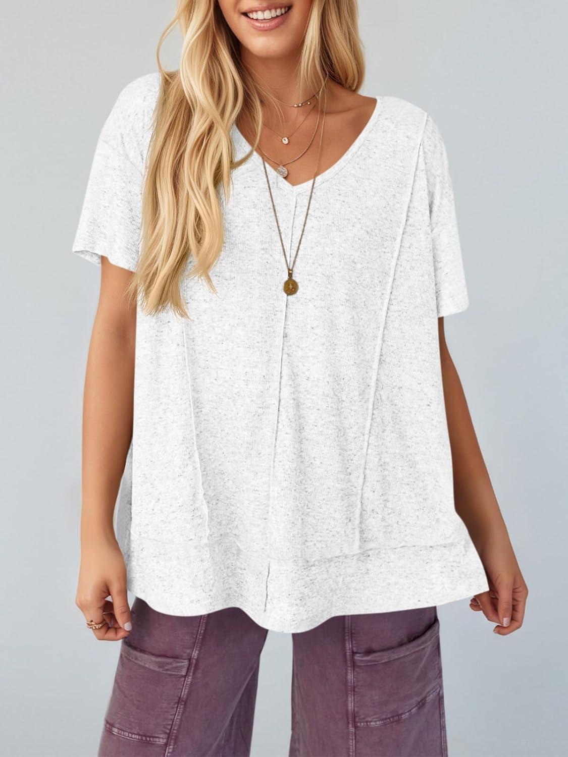 imageTankaneo Womens Oversized Tshirts Knit V Neck Short Sleeve Tunic Tops Summer Casual Loose Fit Tee ShirtsWhite