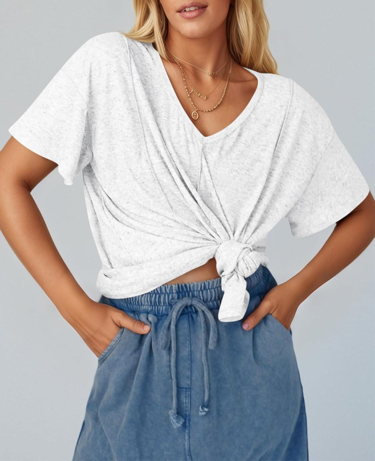 imageTankaneo Womens Oversized Tshirts Knit V Neck Short Sleeve Tunic Tops Summer Casual Loose Fit Tee ShirtsWhite