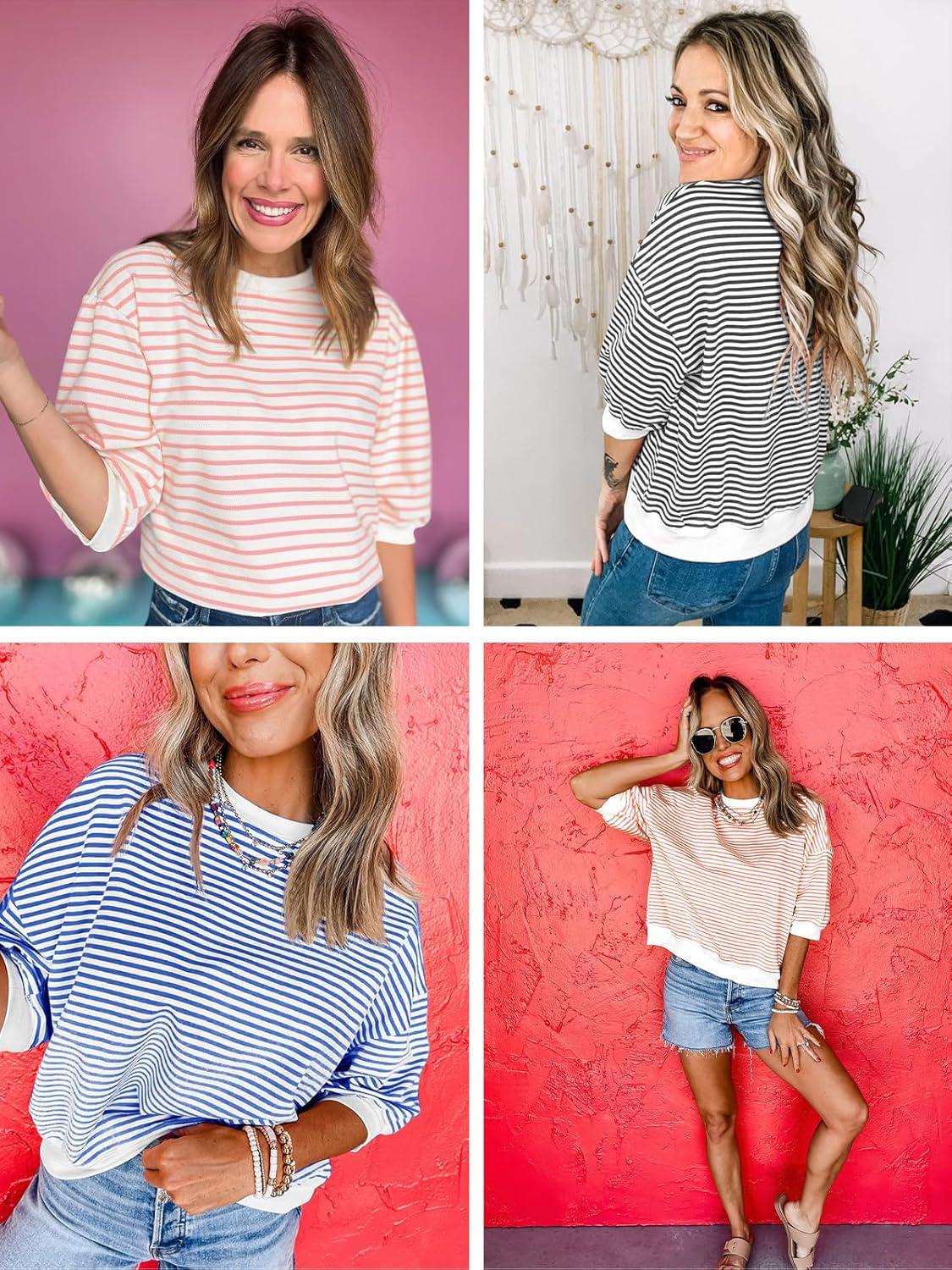 imageTankaneo Womens Puff Sleeve Striped T Shirt Oversized Cropped Summer Casual Cotton Tops Loose Fitting Crewneck SweatshirtRed