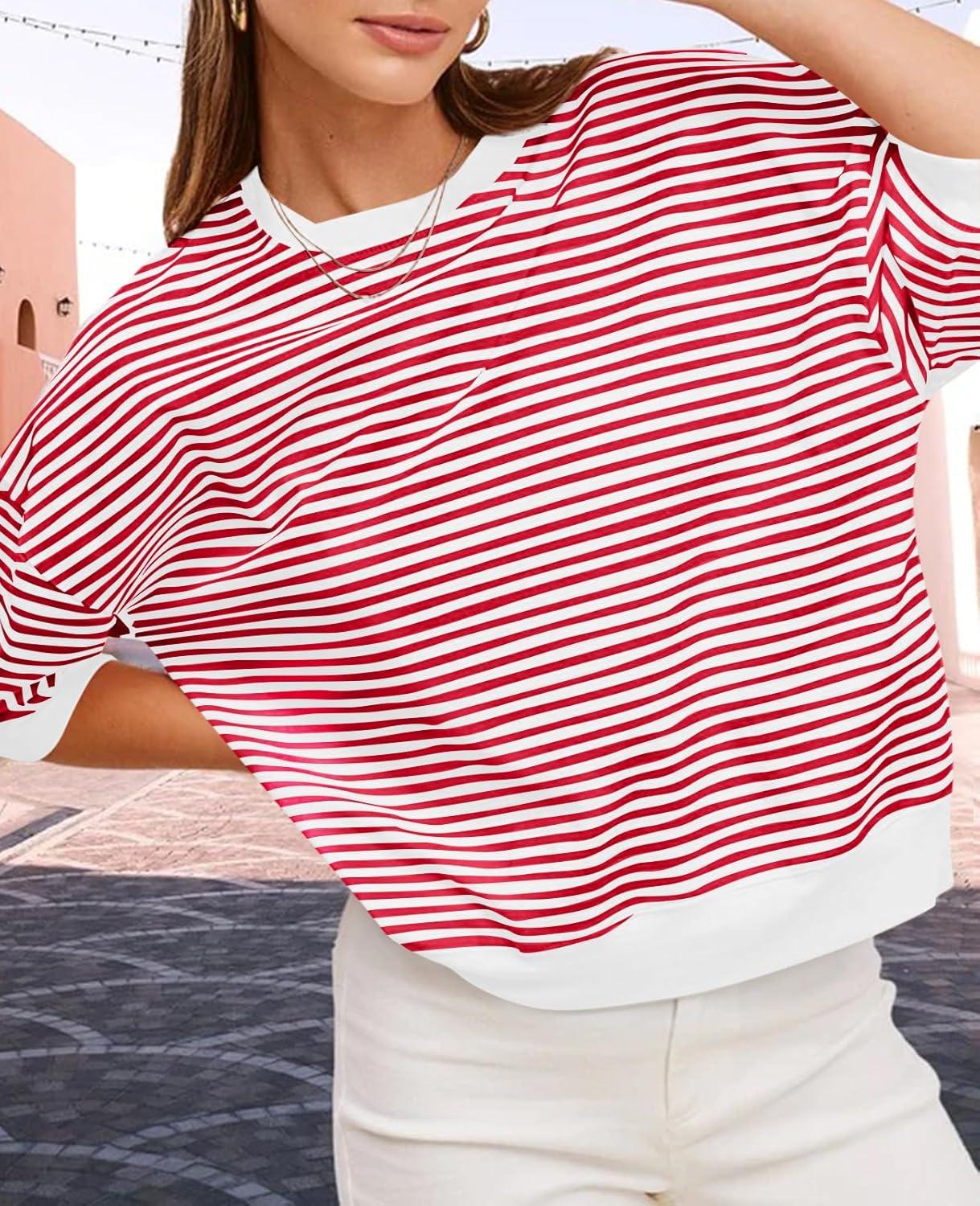 imageTankaneo Womens Puff Sleeve Striped T Shirt Oversized Cropped Summer Casual Cotton Tops Loose Fitting Crewneck SweatshirtRed