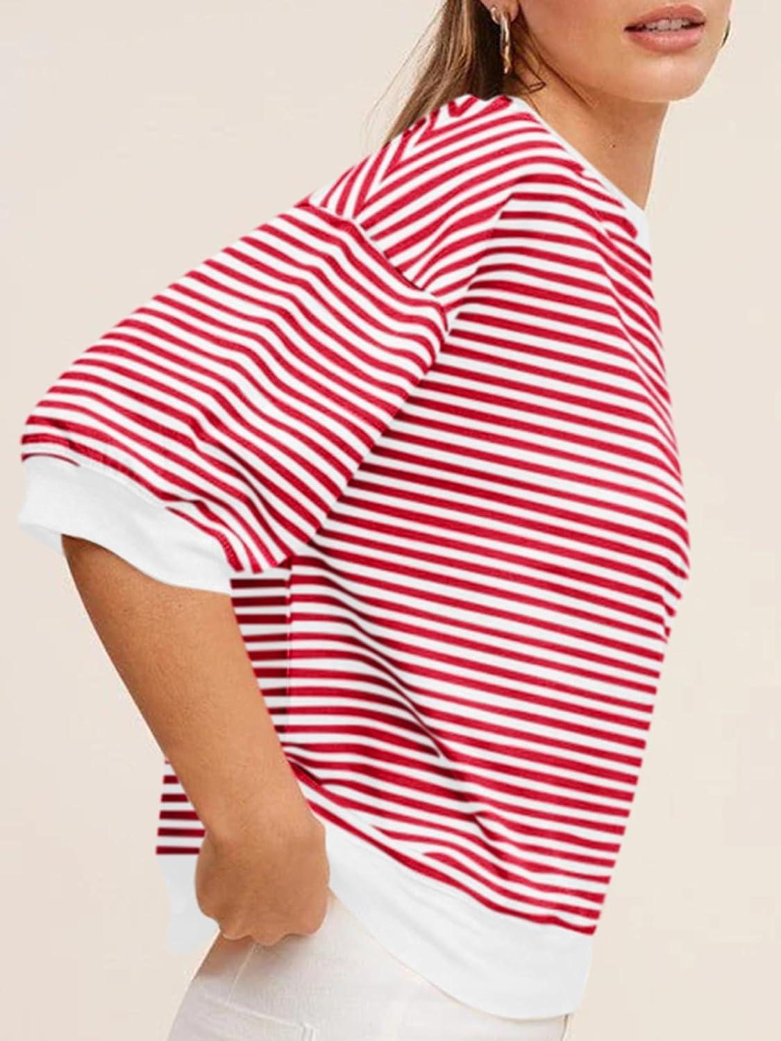 imageTankaneo Womens Puff Sleeve Striped T Shirt Oversized Cropped Summer Casual Cotton Tops Loose Fitting Crewneck SweatshirtRed