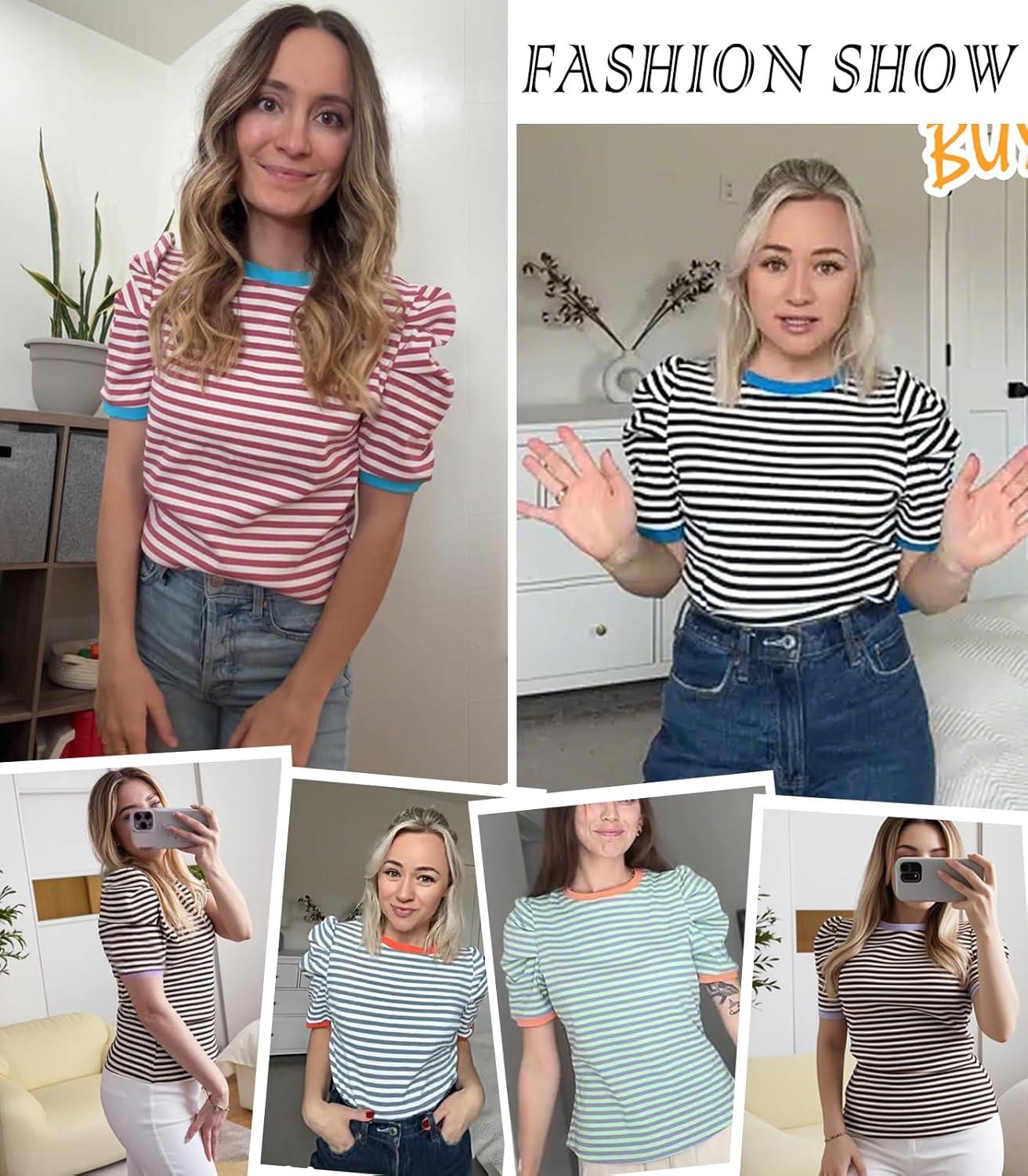 imageTankaneo Womens Short Puff Sleeve Tops Trendy Striped Color Block T Shirts Crewneck Casual ShirtsOrange Yellow