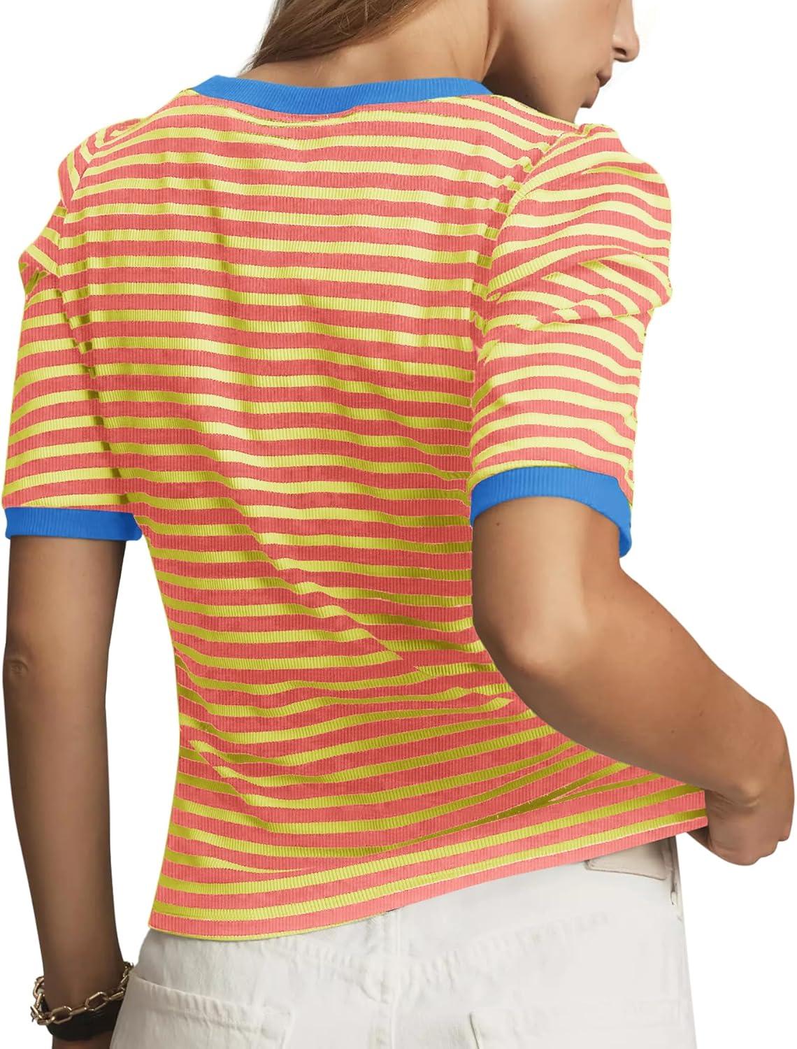 imageTankaneo Womens Short Puff Sleeve Tops Trendy Striped Color Block T Shirts Crewneck Casual ShirtsOrange Yellow