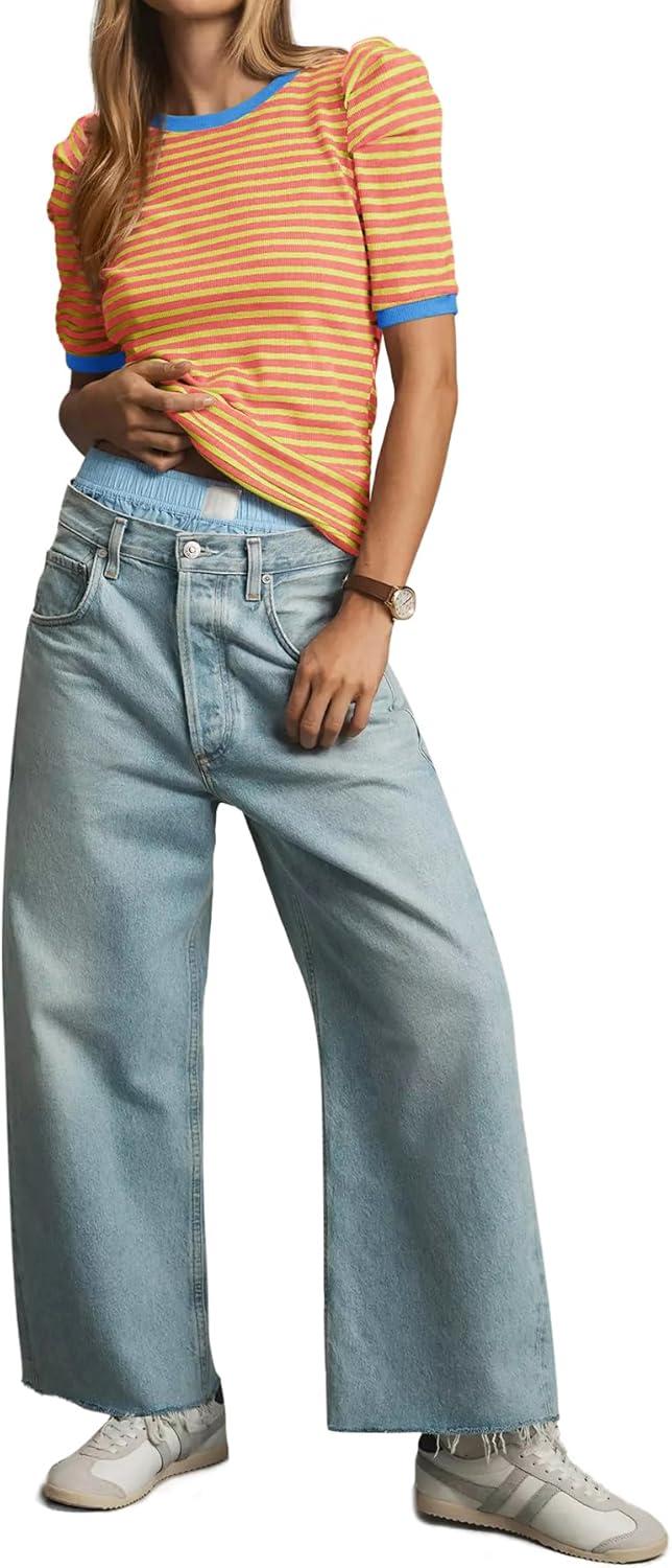 imageTankaneo Womens Short Puff Sleeve Tops Trendy Striped Color Block T Shirts Crewneck Casual ShirtsOrange Yellow