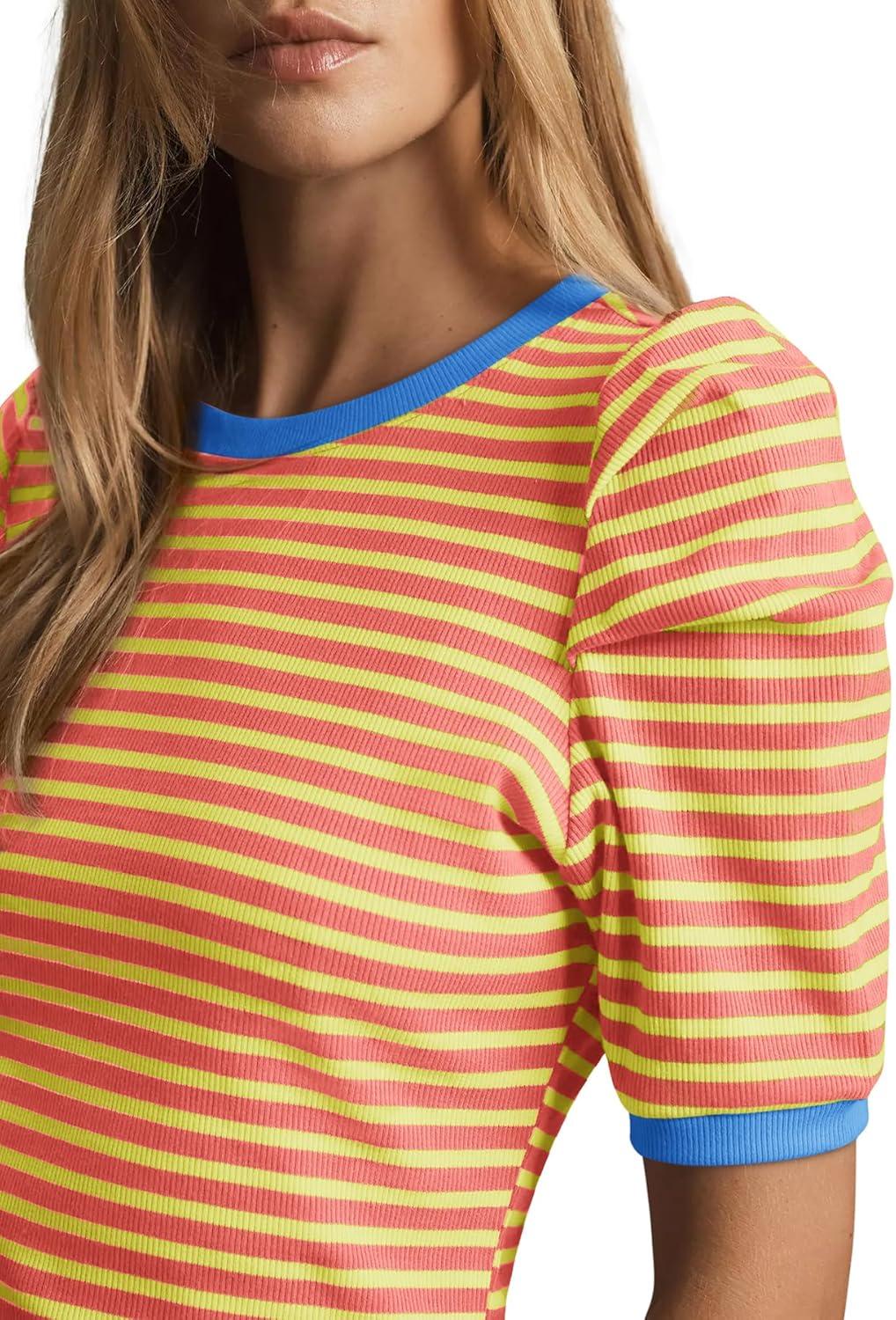 imageTankaneo Womens Short Puff Sleeve Tops Trendy Striped Color Block T Shirts Crewneck Casual ShirtsOrange Yellow