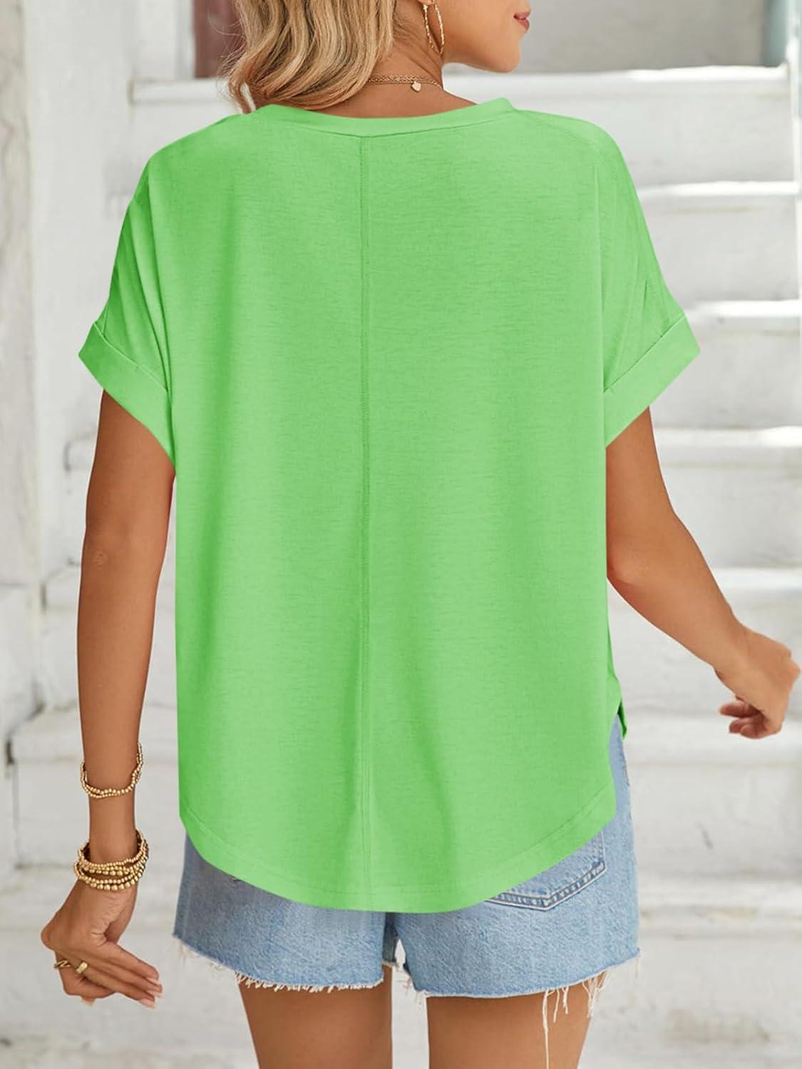 imageTankaneo Womens Summer Tops Striped Oversized Short Sleeve Crew Neck Color Block Casual T Shirts Loose Basic Tee BlousesFluorescent Green