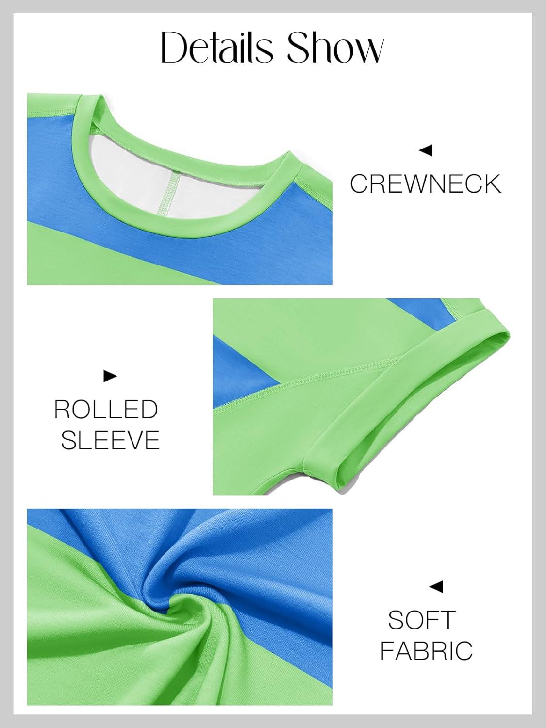 imageTankaneo Womens Summer Tops Striped Oversized Short Sleeve Crew Neck Color Block Casual T Shirts Loose Basic Tee BlousesFluorescent Green