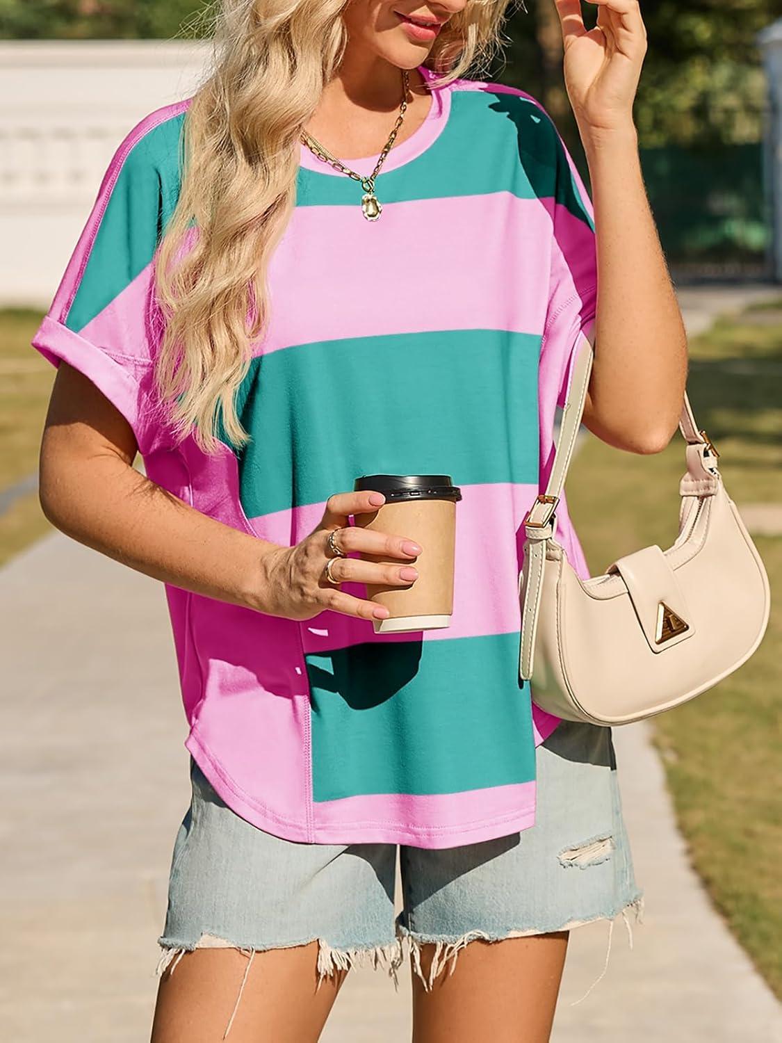 imageTankaneo Womens Summer Tops Striped Oversized Short Sleeve Crew Neck Color Block Casual T Shirts Loose Basic Tee BlousesPink Striped