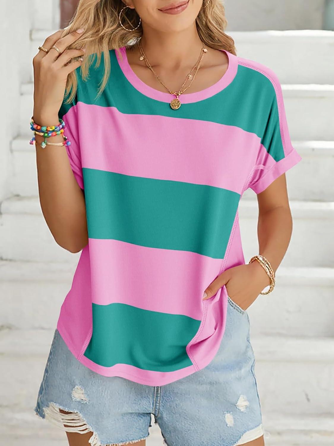 imageTankaneo Womens Summer Tops Striped Oversized Short Sleeve Crew Neck Color Block Casual T Shirts Loose Basic Tee BlousesPink Striped