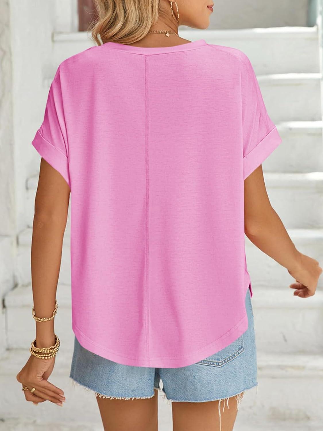 imageTankaneo Womens Summer Tops Striped Oversized Short Sleeve Crew Neck Color Block Casual T Shirts Loose Basic Tee BlousesPink Striped