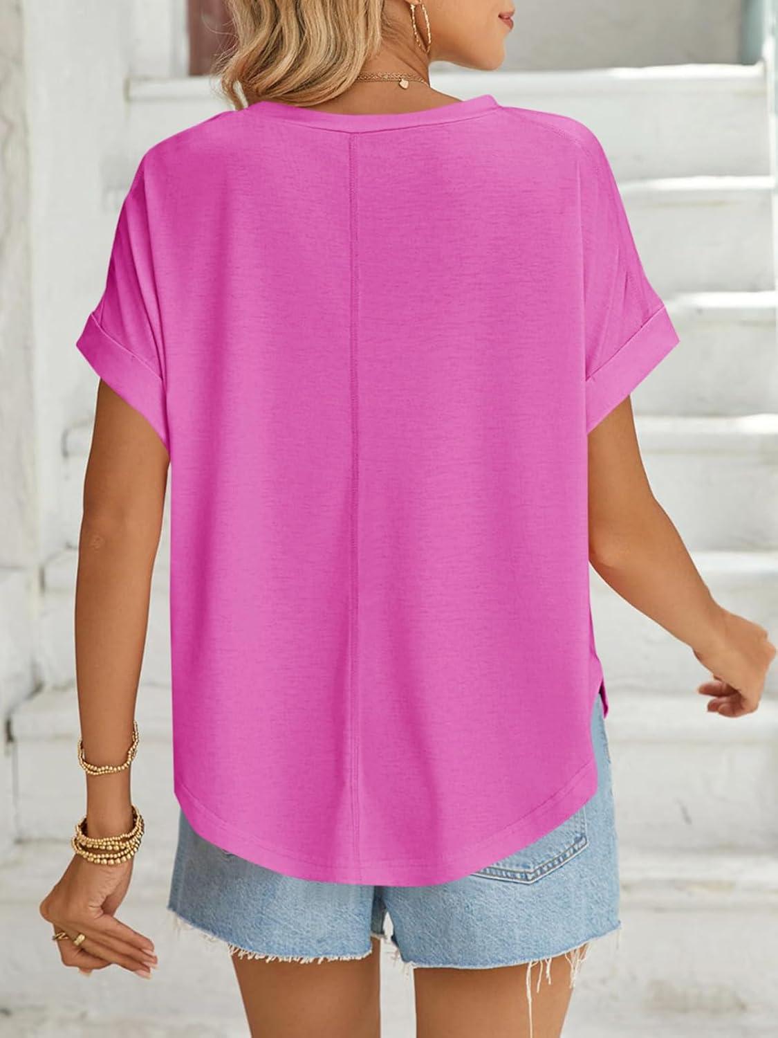 imageTankaneo Womens Summer Tops Striped Oversized Short Sleeve Crew Neck Color Block Casual T Shirts Loose Basic Tee BlousesRose Red