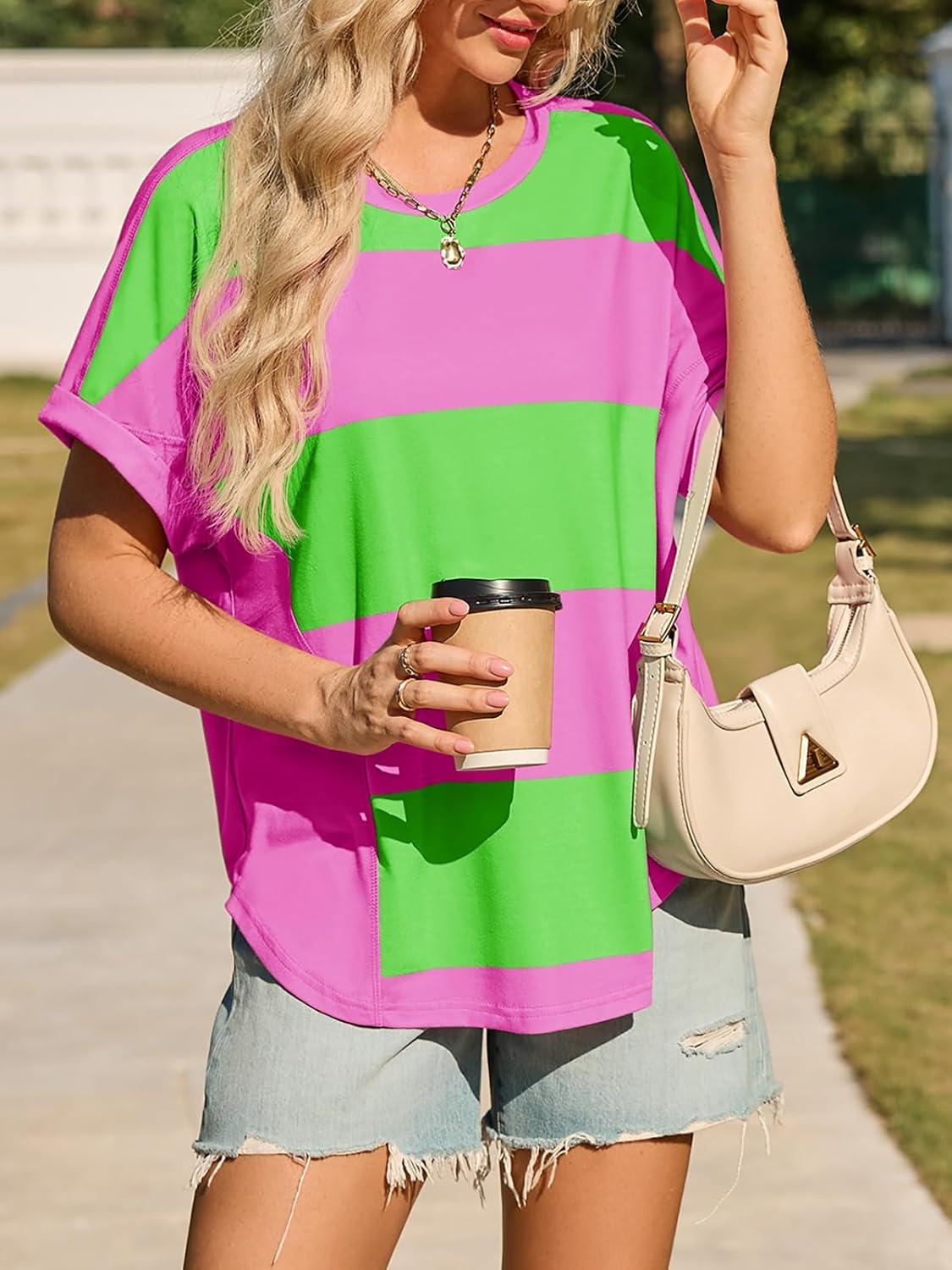 imageTankaneo Womens Summer Tops Striped Oversized Short Sleeve Crew Neck Color Block Casual T Shirts Loose Basic Tee BlousesRose Red