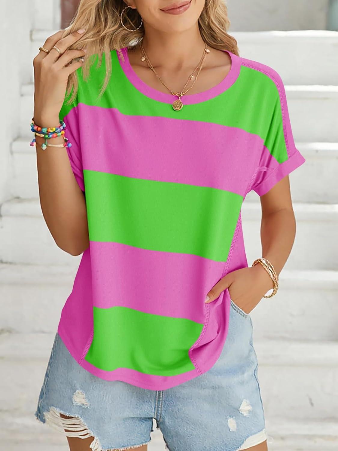 imageTankaneo Womens Summer Tops Striped Oversized Short Sleeve Crew Neck Color Block Casual T Shirts Loose Basic Tee BlousesRose Red