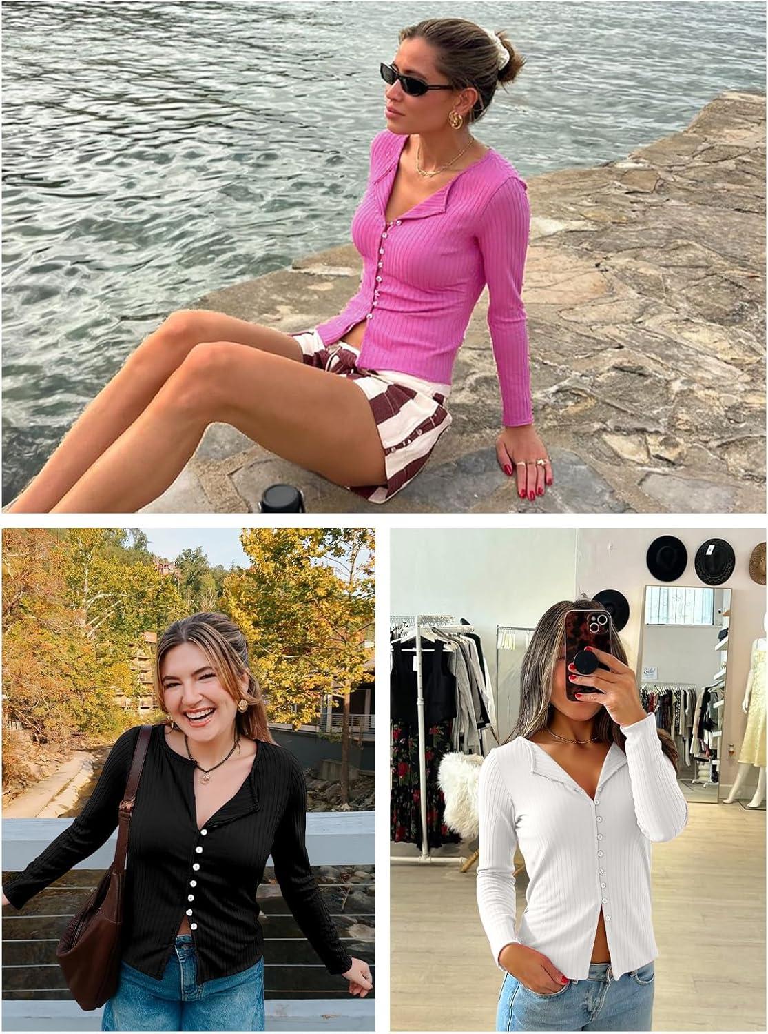 imageWomens Cardigans Button Down Long Sleeve Ribbed Shirts Cute Lighweight Fitted Y2K Fall TopsArmy Green