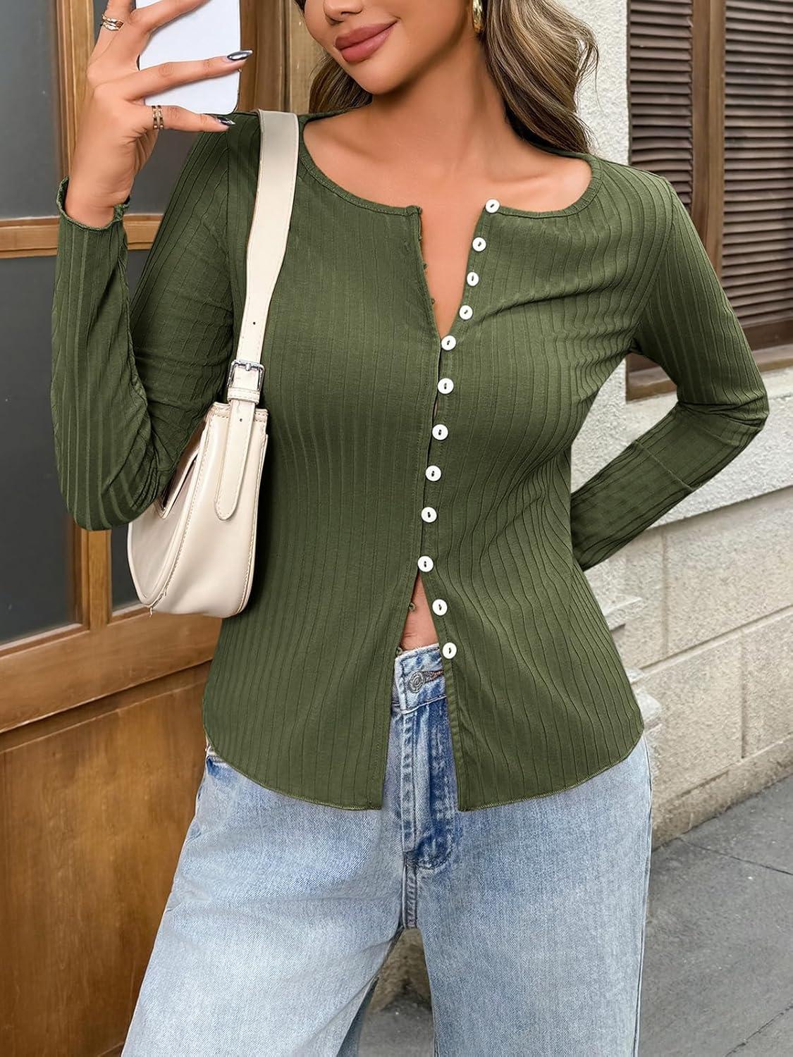imageWomens Cardigans Button Down Long Sleeve Ribbed Shirts Cute Lighweight Fitted Y2K Fall TopsArmy Green