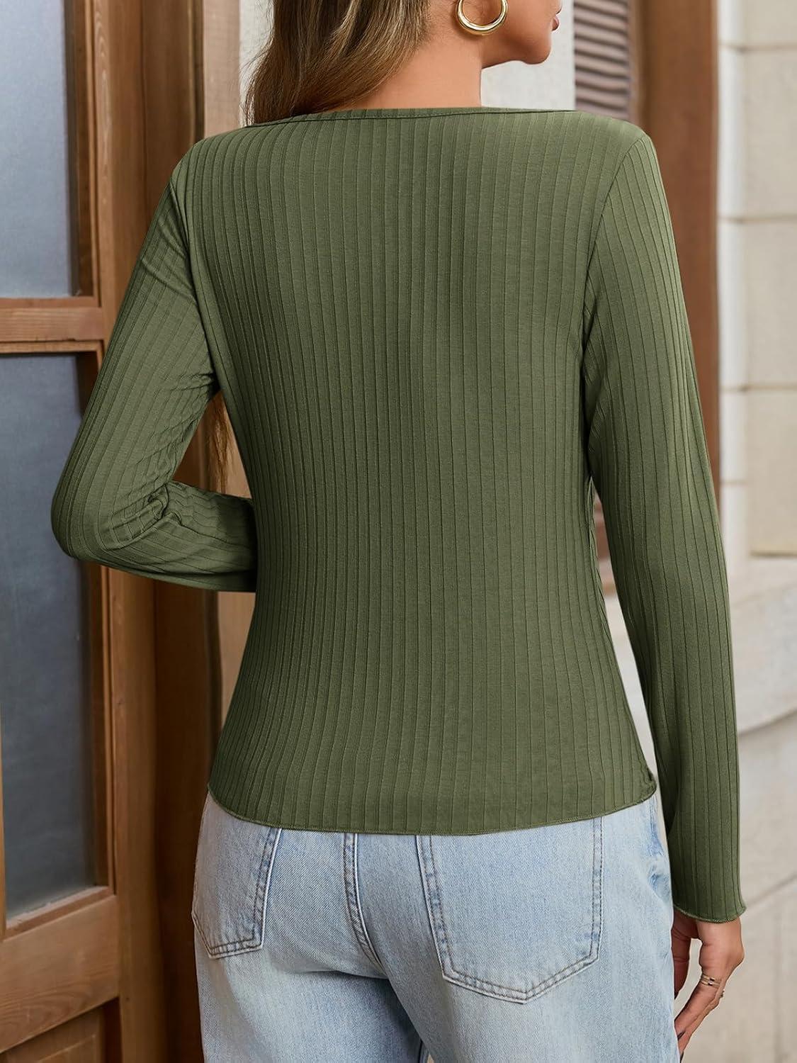 imageWomens Cardigans Button Down Long Sleeve Ribbed Shirts Cute Lighweight Fitted Y2K Fall TopsArmy Green